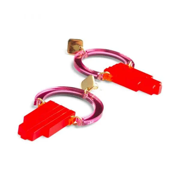 TooLally Art Deco Chandeliers Earrings - Pink Red Mirror