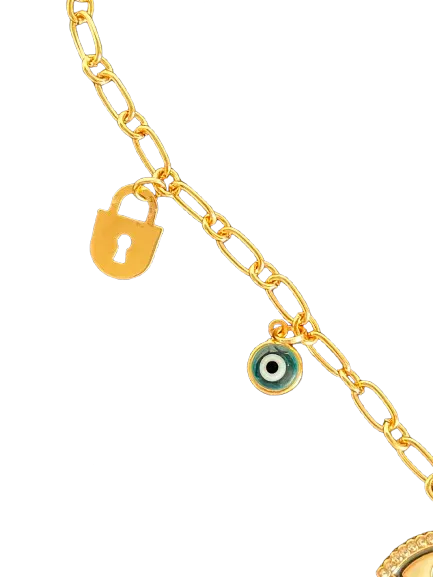 Turkish Evil Eye Gold Colored Brass Chain Link Choker Necklace with 5 lucky charms including a center evil eye with crystal border pendant.