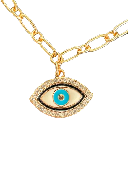 Turkish Evil Eye Gold Colored Brass Chain Link Choker Necklace with 5 lucky charms including a center evil eye with crystal border pendant.