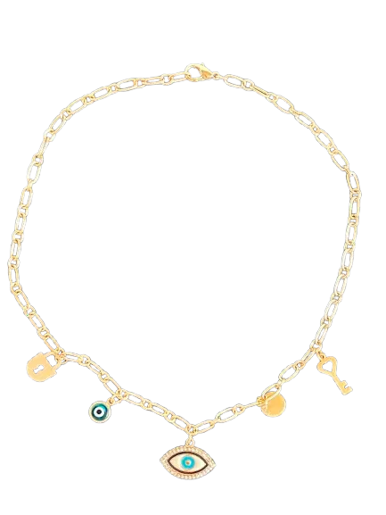 Turkish Evil Eye Gold Colored Brass Chain Link Choker Necklace with 5 lucky charms including a center evil eye with crystal border pendant.