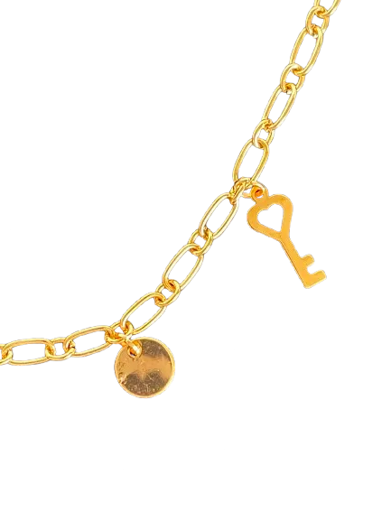 Turkish Evil Eye Gold Colored Brass Chain Link Choker Necklace with 5 lucky charms including a center evil eye with crystal border pendant.