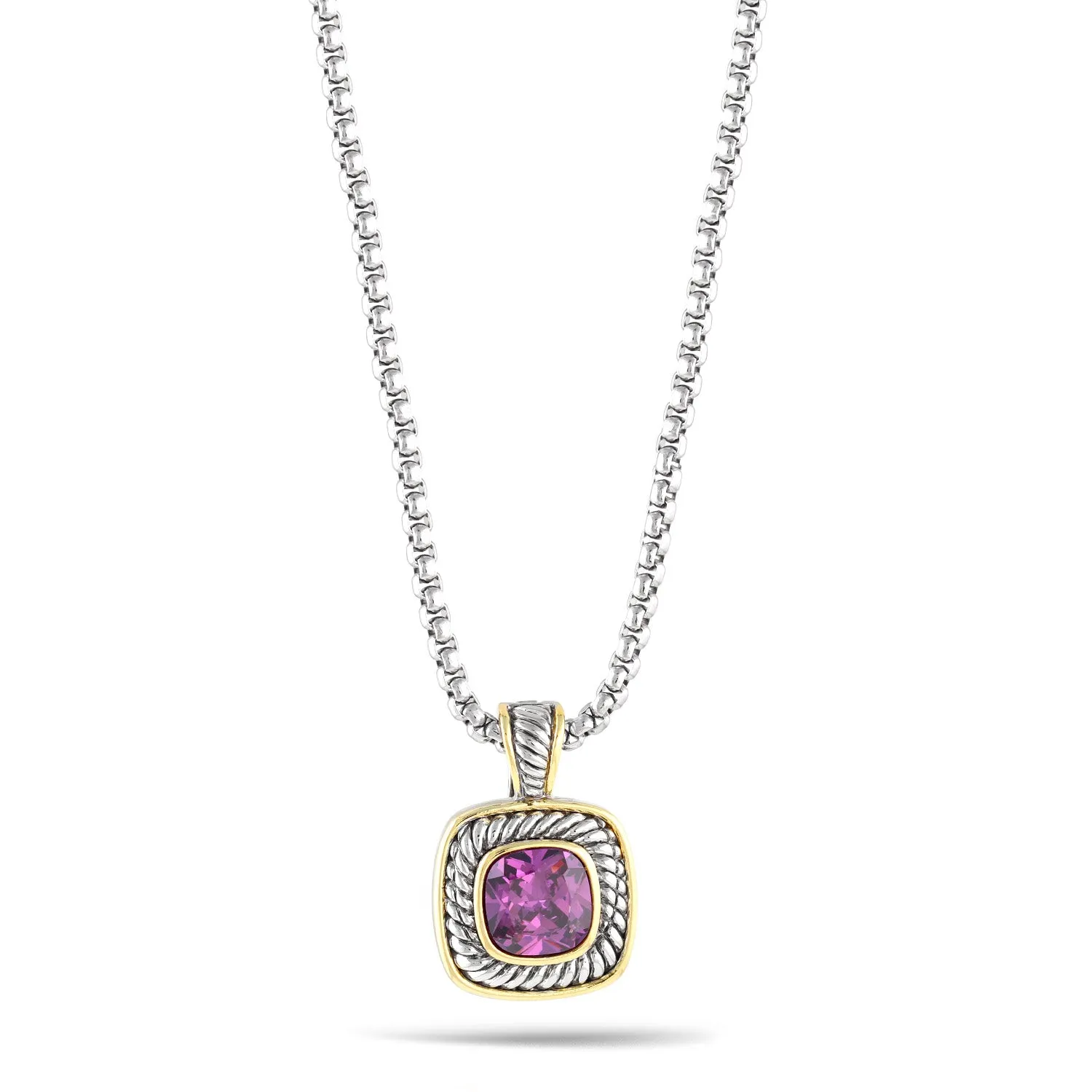 TWO TONE AMETHYST CRYSTAL PENDANT BOX CHAIN NECKLACE #73014EH-AM(FD11)