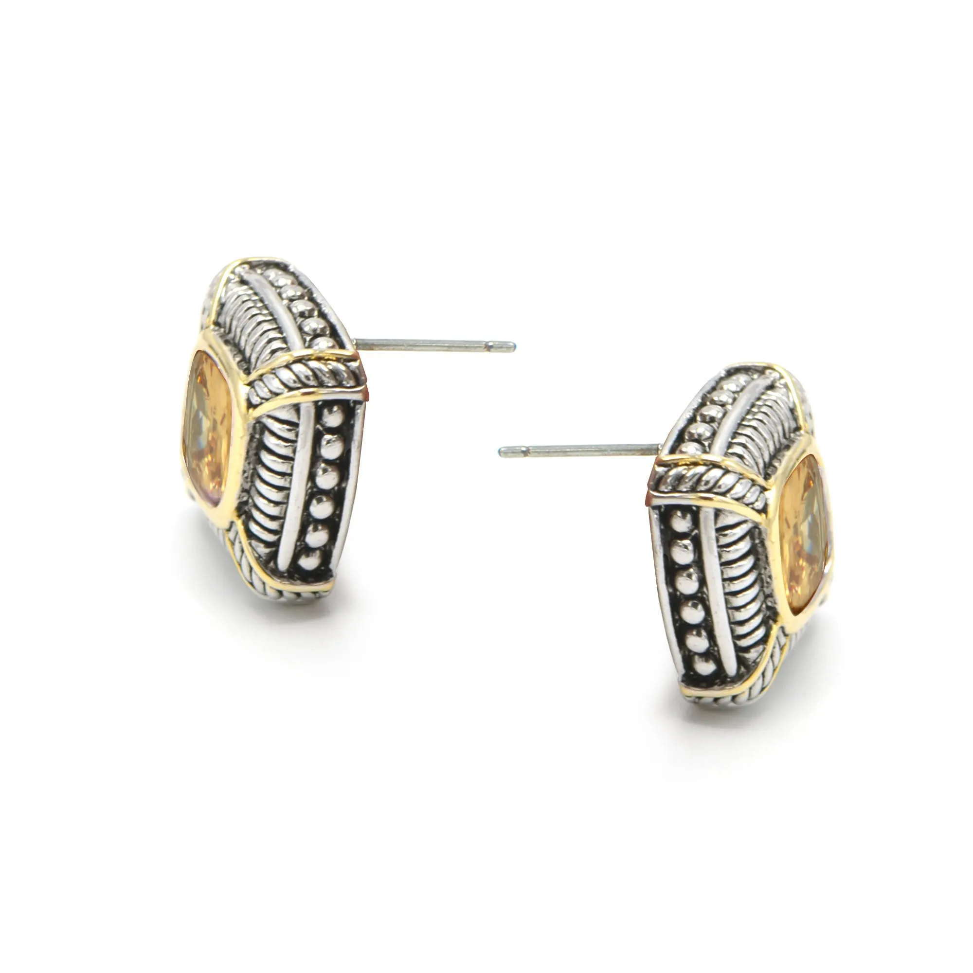 TWO TONE CHAMPAGNE CRYSTAL SQUARE EARRINGS SET # 93012ER-CHM(FF16/FA8)