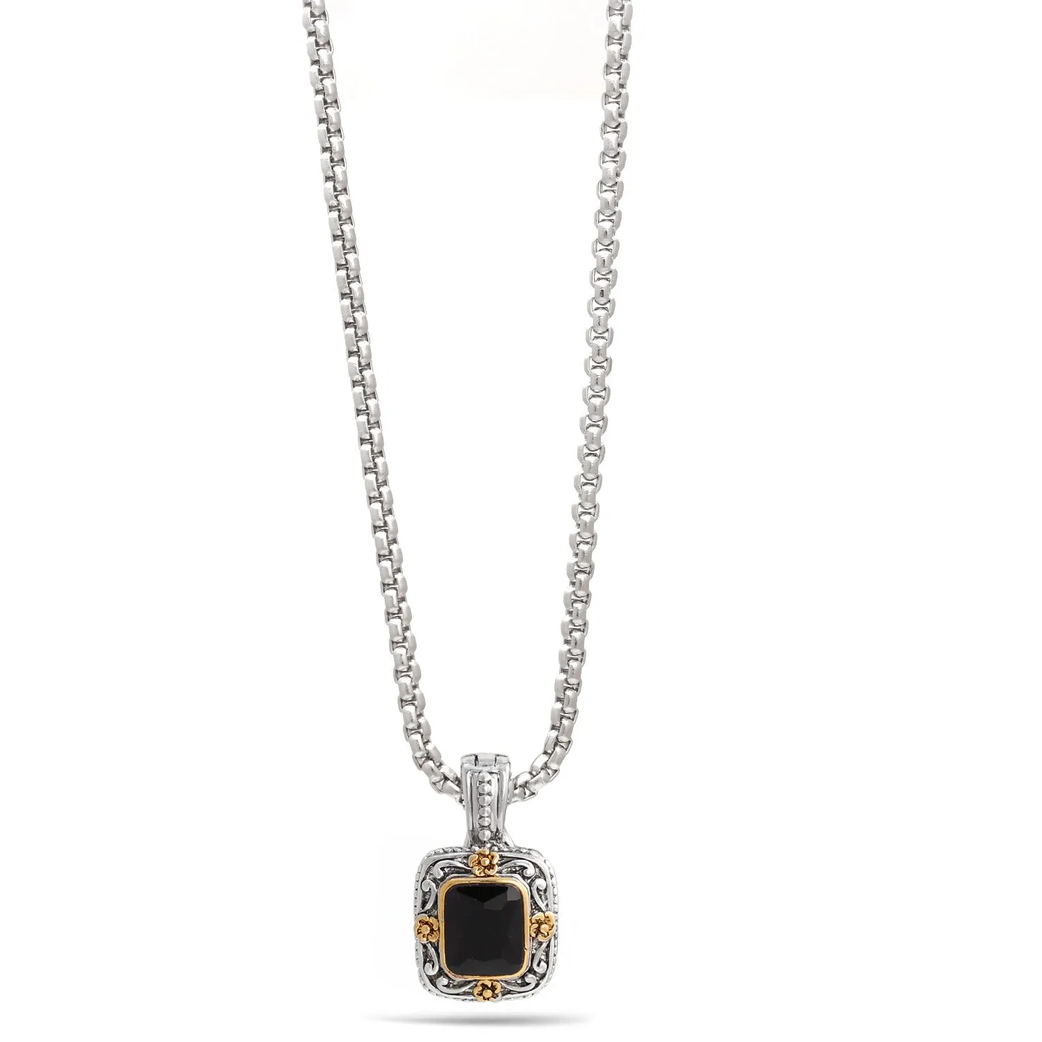 TWO TONE FILIGREE BLACK CRYSTAL PENDANT NECKLACE #11772EH-JT (FE17)