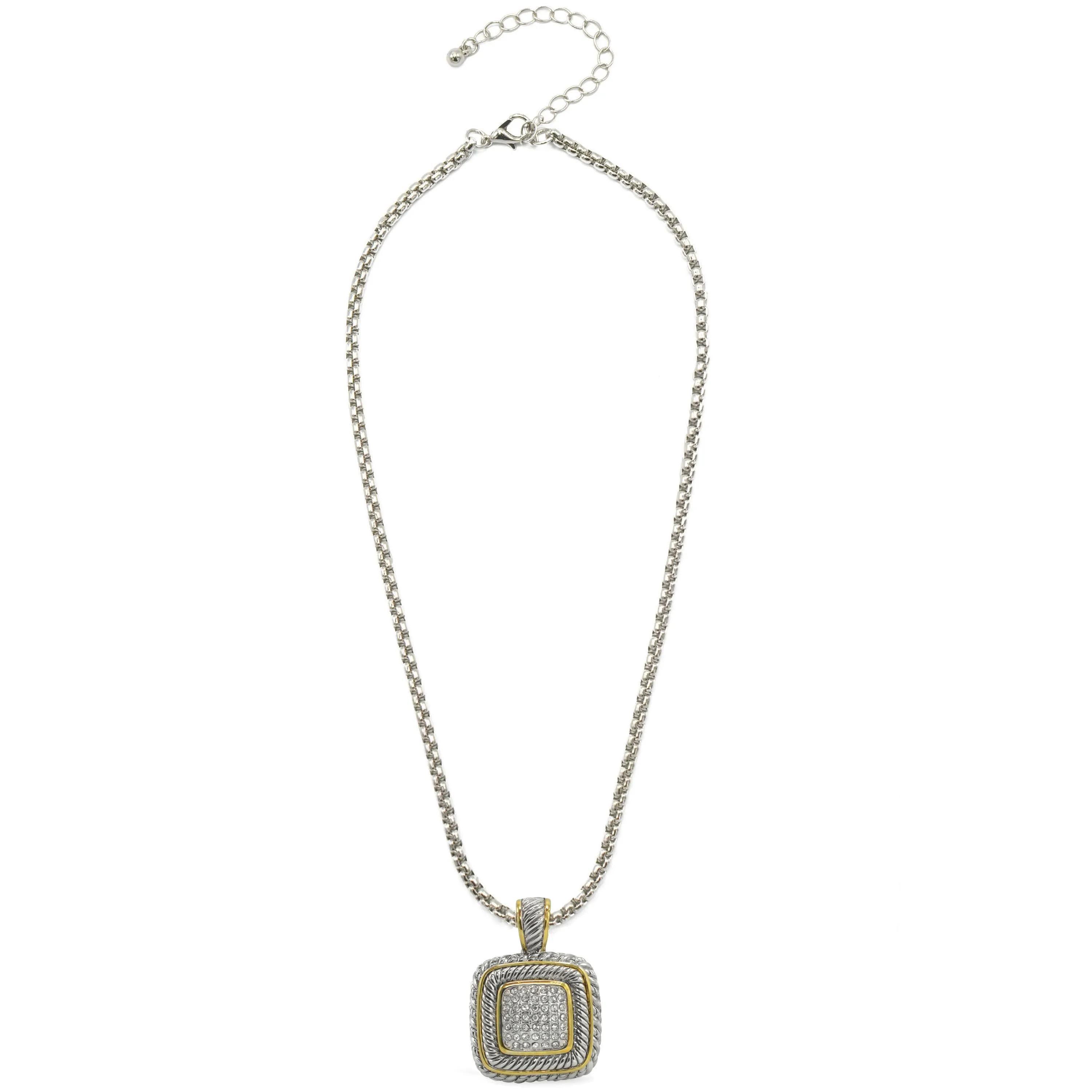 TWO TONE PAVE SQUARE CRYSTAL ENGRAVED PENDANT WITH BOX CHAIN NECKLACE #83015EH(FE12)