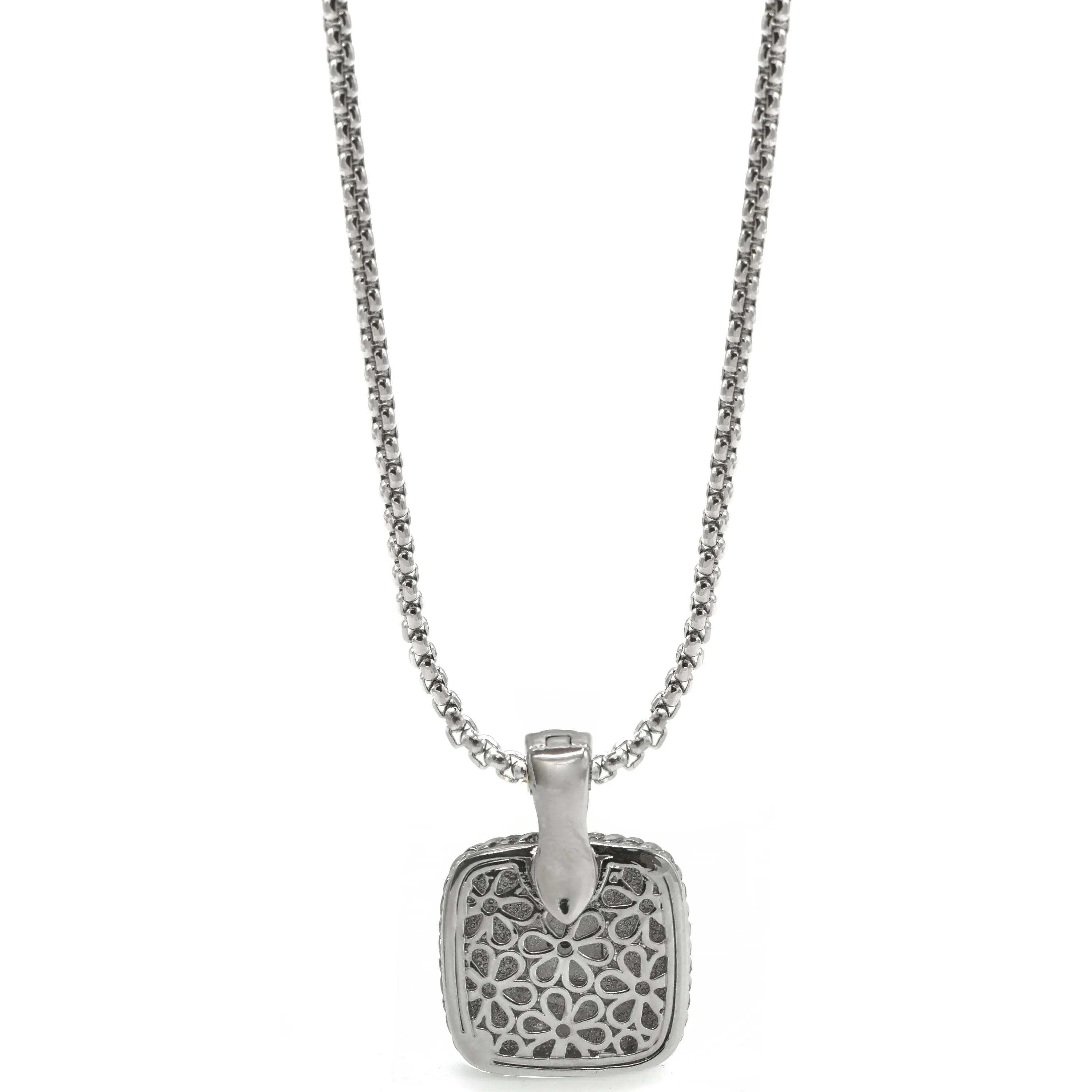 TWO TONE PAVE SQUARE CRYSTAL ENGRAVED PENDANT WITH BOX CHAIN NECKLACE #83015EH(FE12)