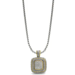 TWO TONE PAVE SQUARE CRYSTAL ENGRAVED PENDANT WITH BOX CHAIN NECKLACE #83015EH(FE12)