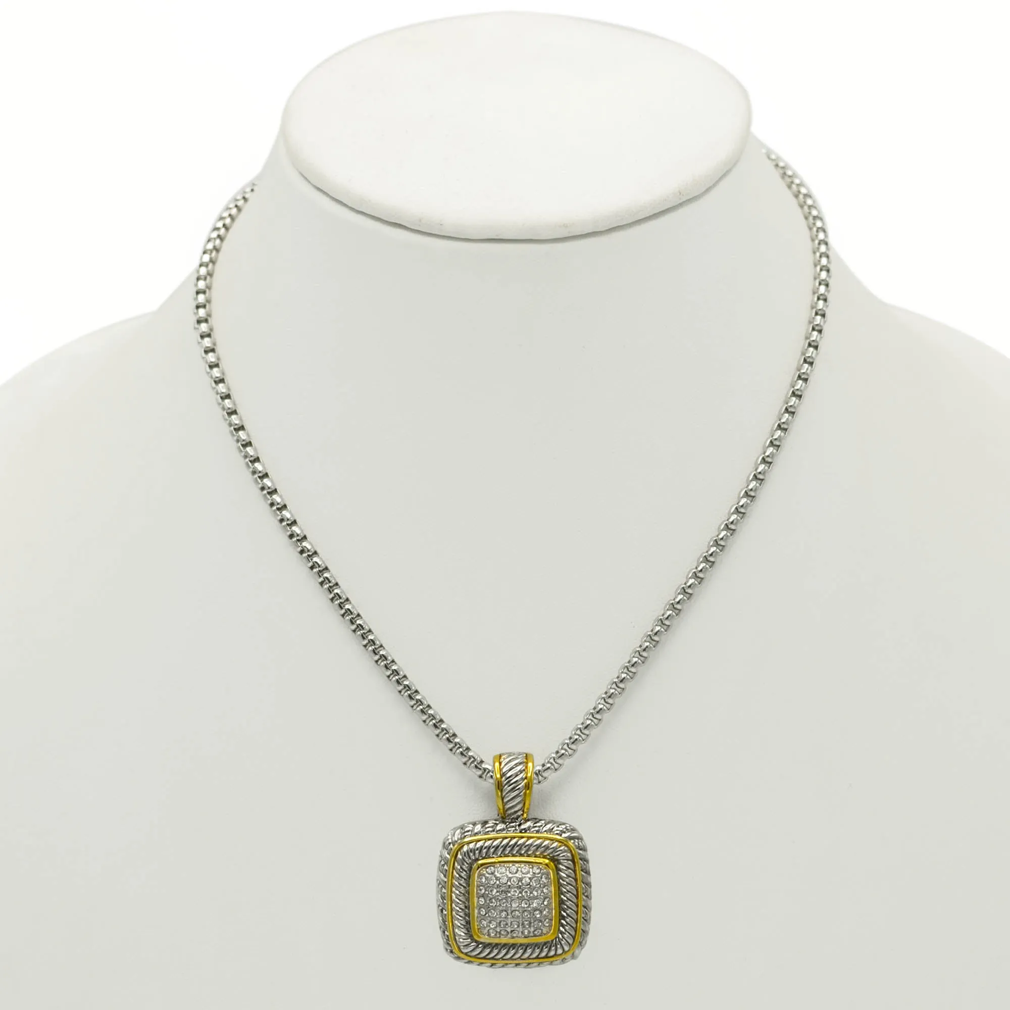 TWO TONE PAVE SQUARE CRYSTAL ENGRAVED PENDANT WITH BOX CHAIN NECKLACE #83015EH(FE12)