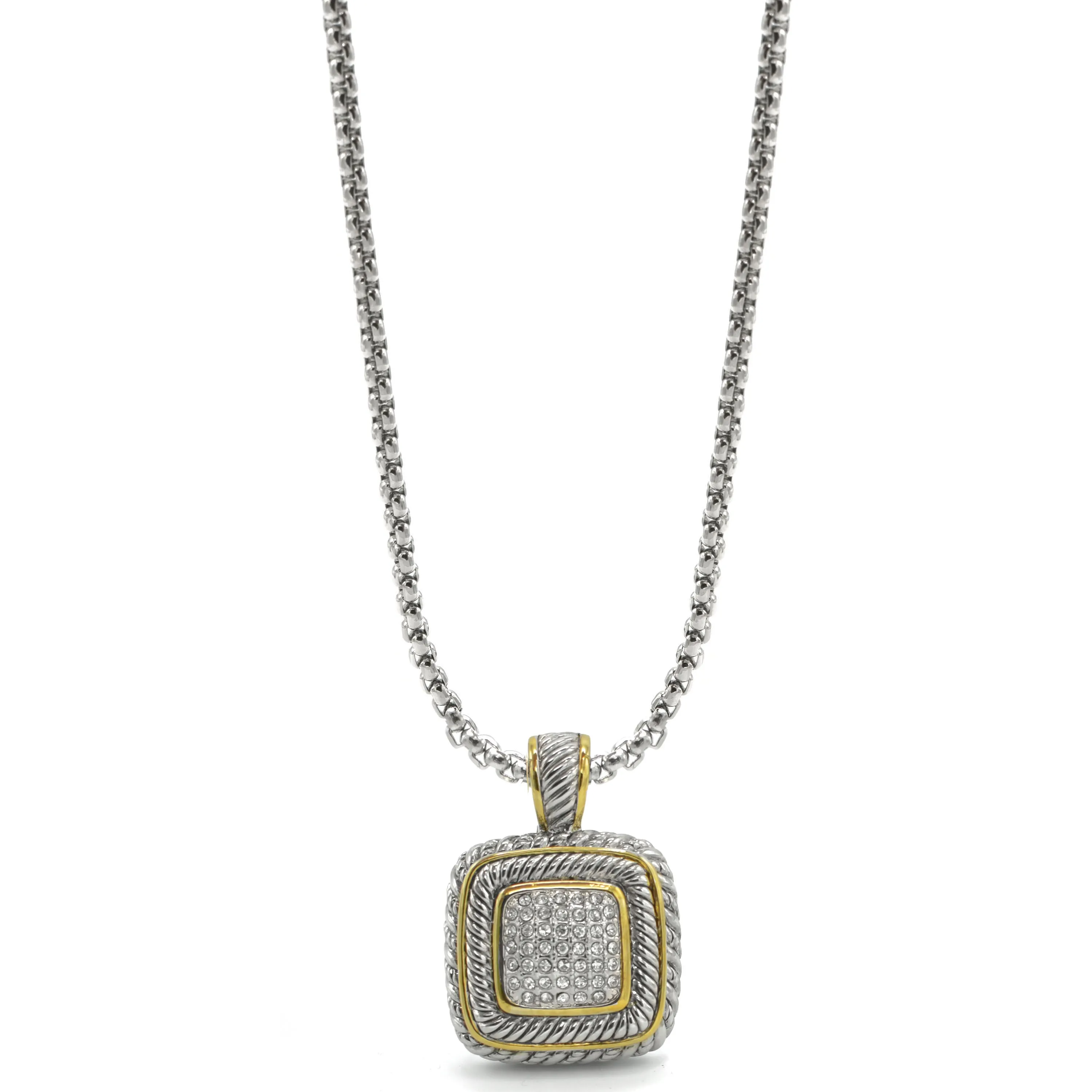 TWO TONE PAVE SQUARE CRYSTAL ENGRAVED PENDANT WITH BOX CHAIN NECKLACE #83015EH(FE12)