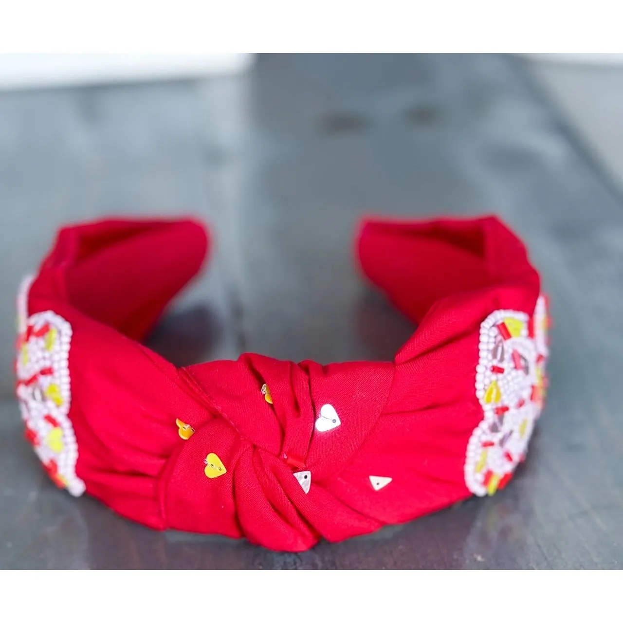 Valentine's Day Seed Beaded Sequin Confetti Hearts Top Knot Red Headband.