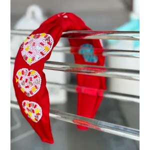 Valentine's Day Seed Beaded Sequin Confetti Hearts Top Knot Red Headband.