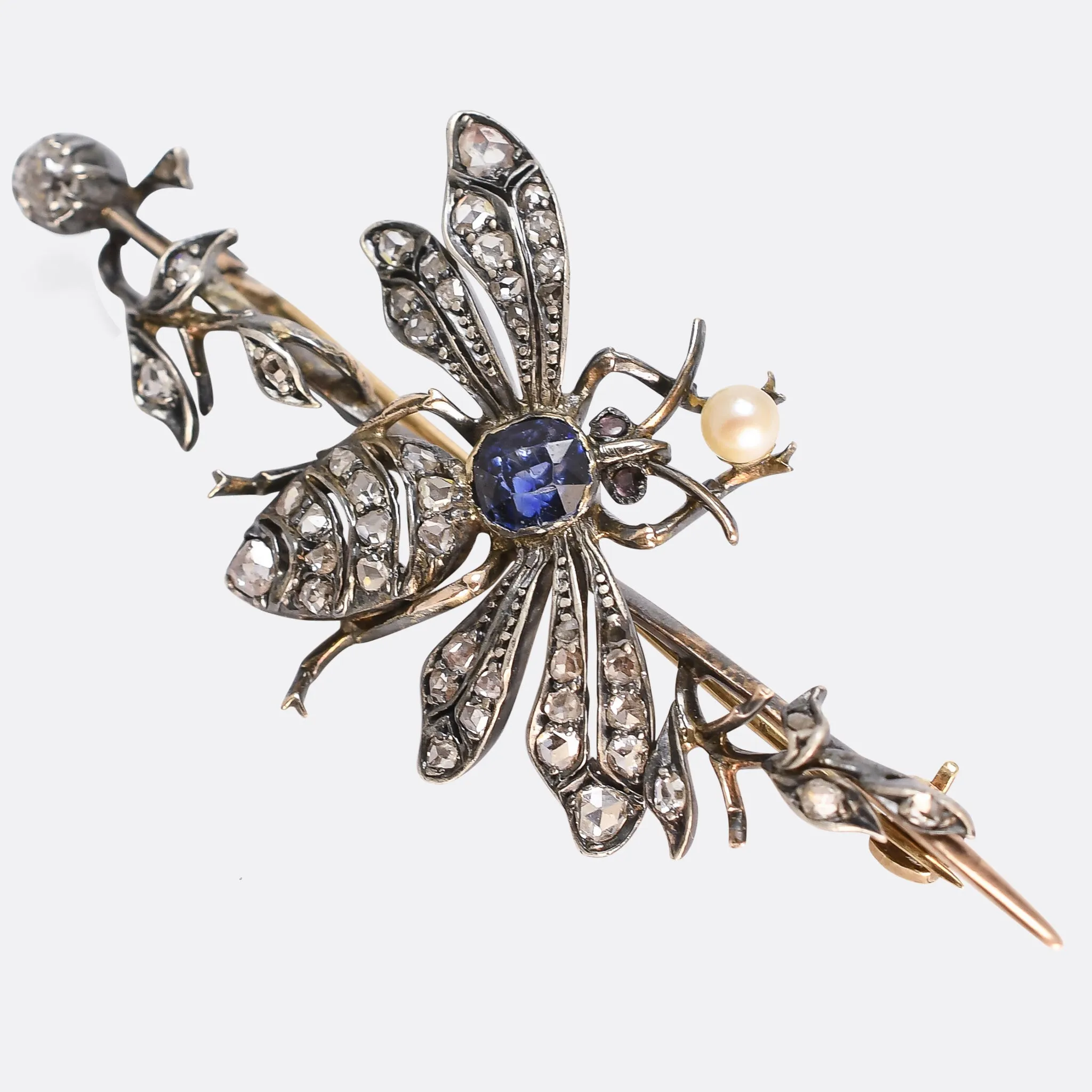 Victorian Diamond, Sapphire & Pearl Insect Brooch