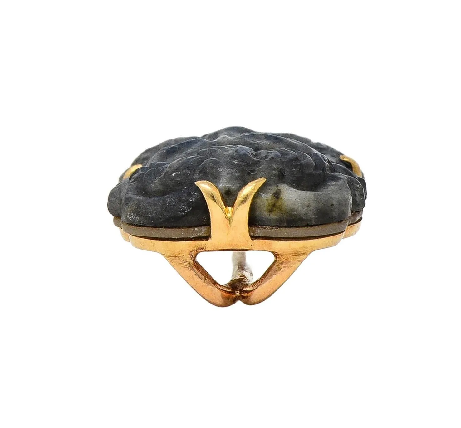 Victorian French Carved Labradorite Mother-Of-Pearl 18 Karat Yellow Gold Antique Greek God Pan Stickpin