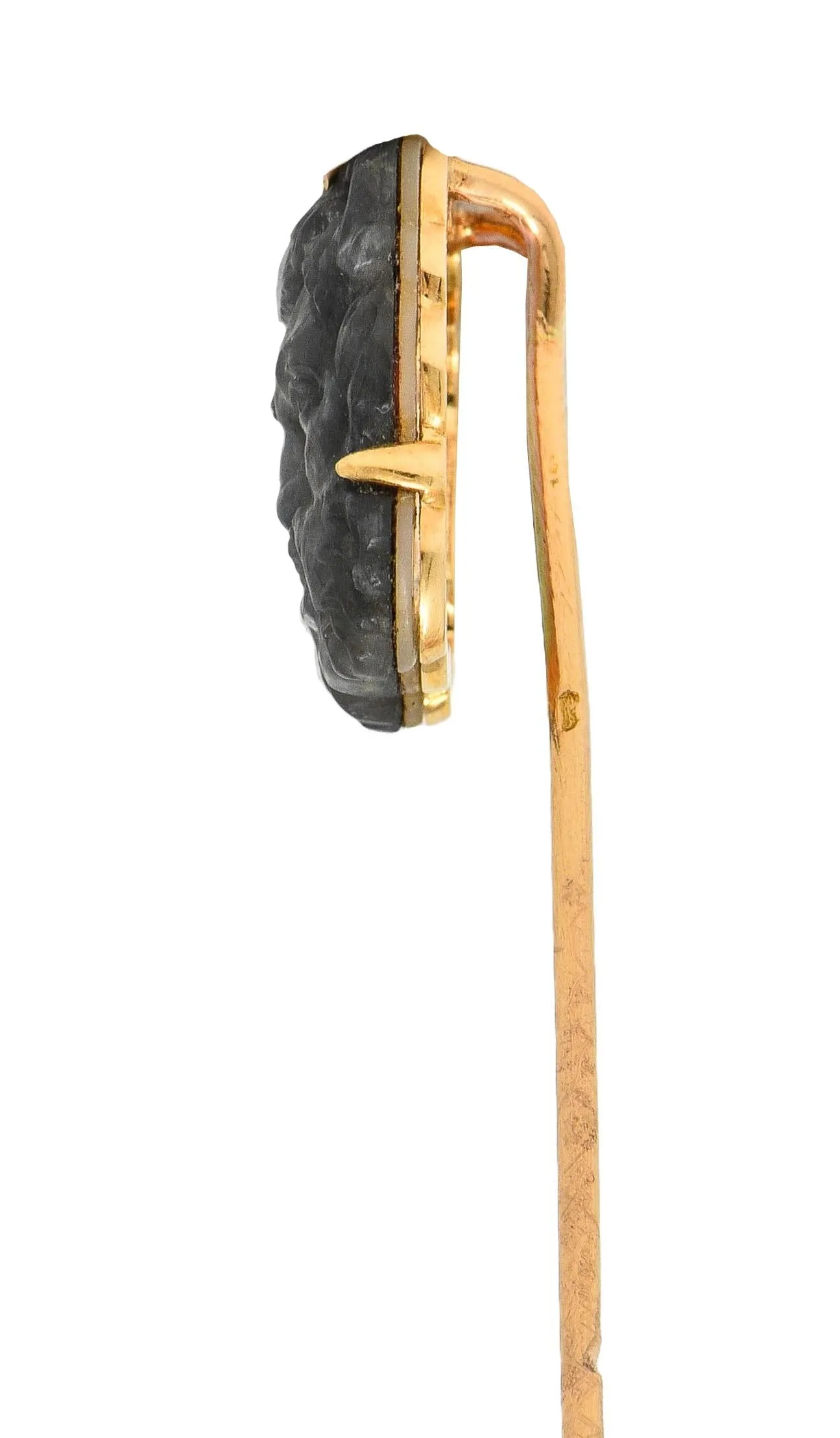 Victorian French Carved Labradorite Mother-Of-Pearl 18 Karat Yellow Gold Antique Greek God Pan Stickpin