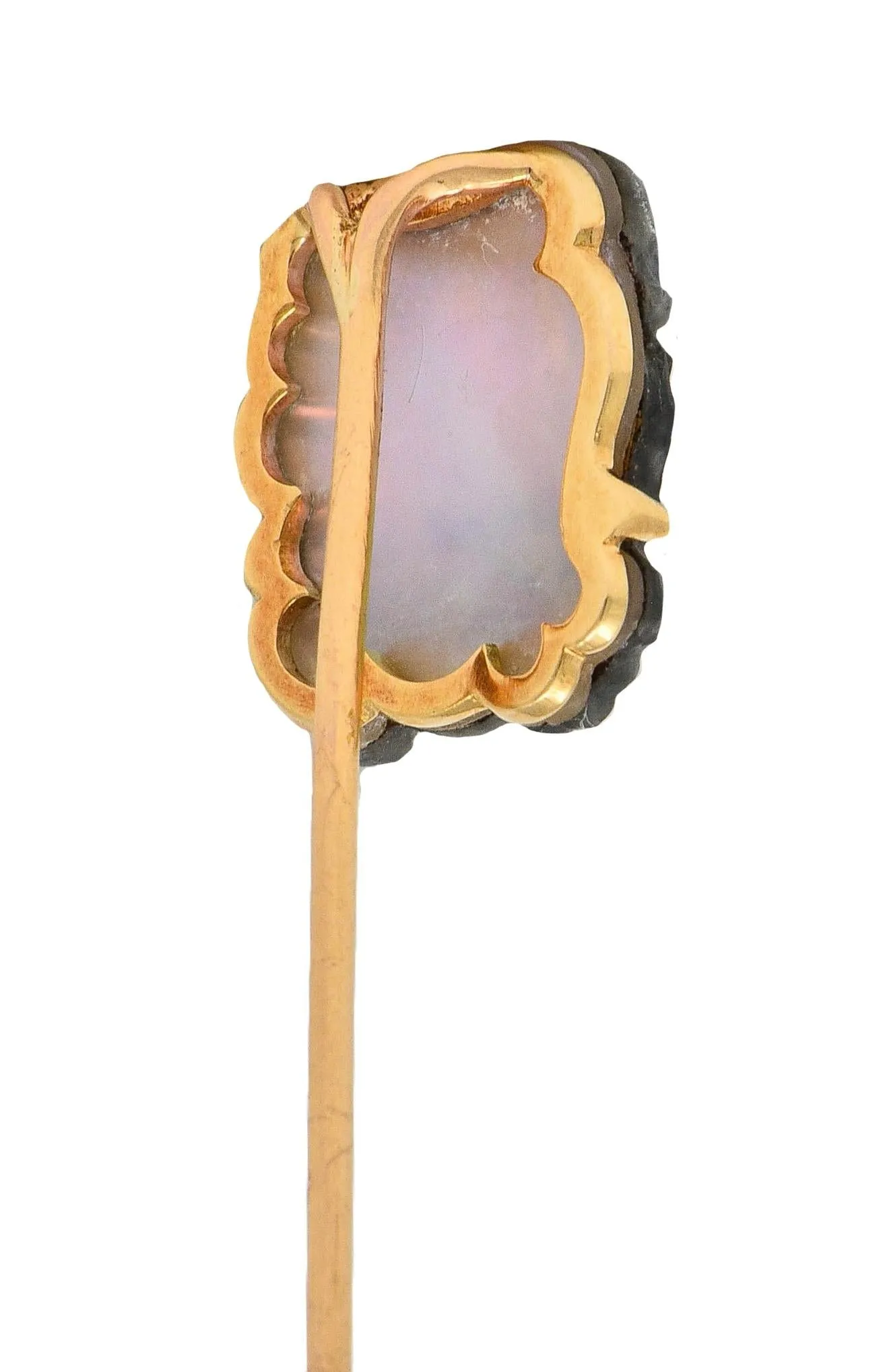 Victorian French Carved Labradorite Mother-Of-Pearl 18 Karat Yellow Gold Antique Greek God Pan Stickpin