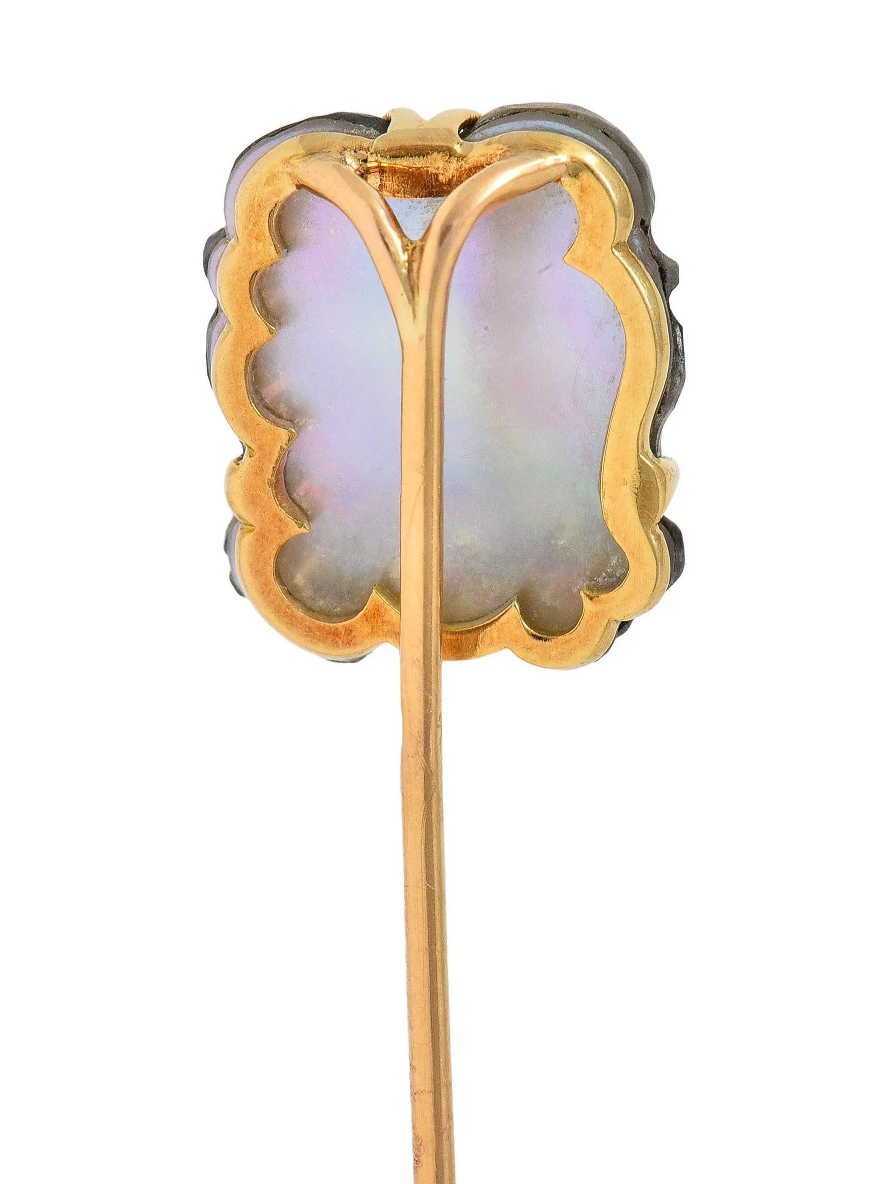 Victorian French Carved Labradorite Mother-Of-Pearl 18 Karat Yellow Gold Antique Greek God Pan Stickpin