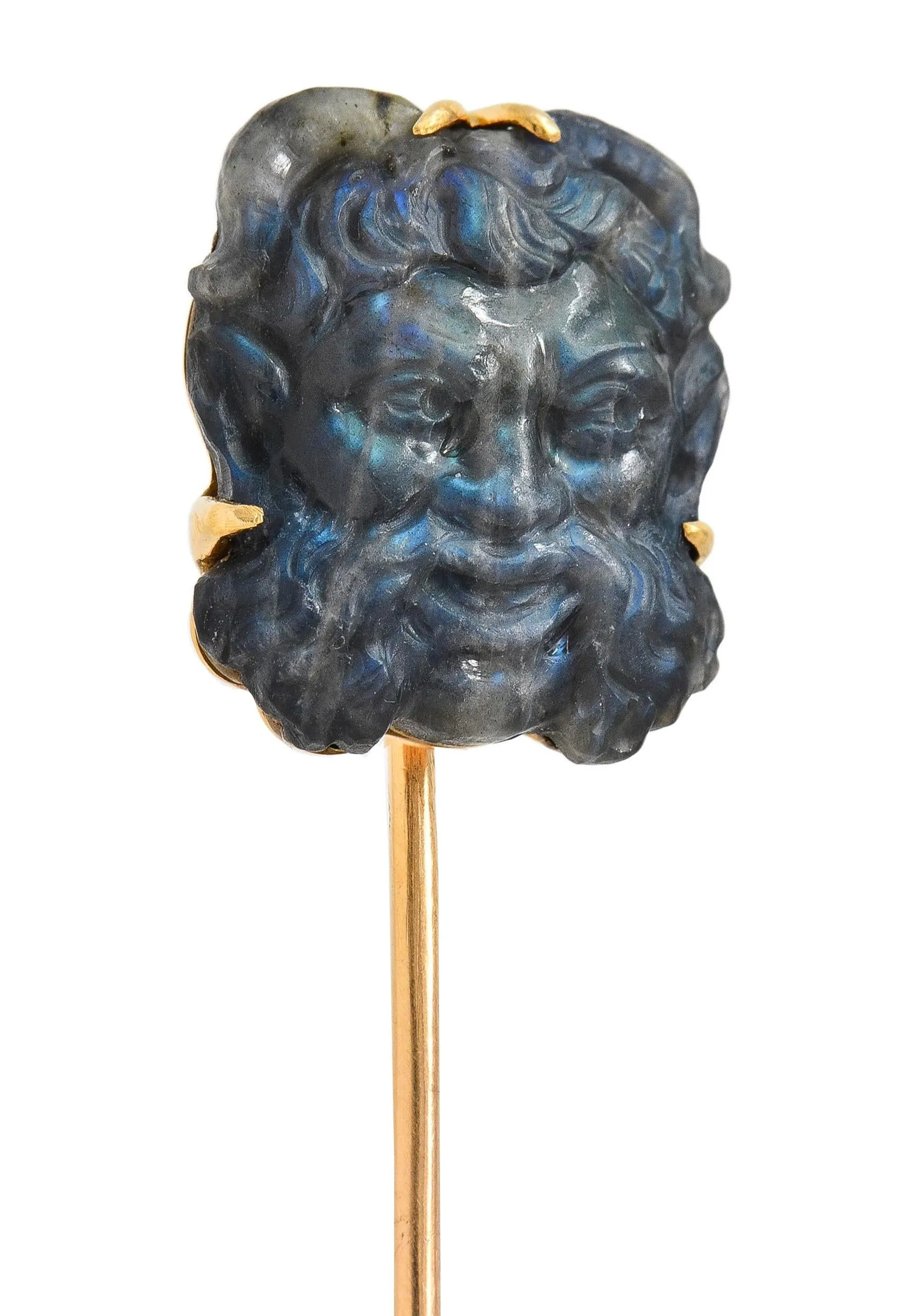 Victorian French Carved Labradorite Mother-Of-Pearl 18 Karat Yellow Gold Antique Greek God Pan Stickpin