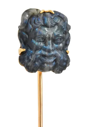 Victorian French Carved Labradorite Mother-Of-Pearl 18 Karat Yellow Gold Antique Greek God Pan Stickpin