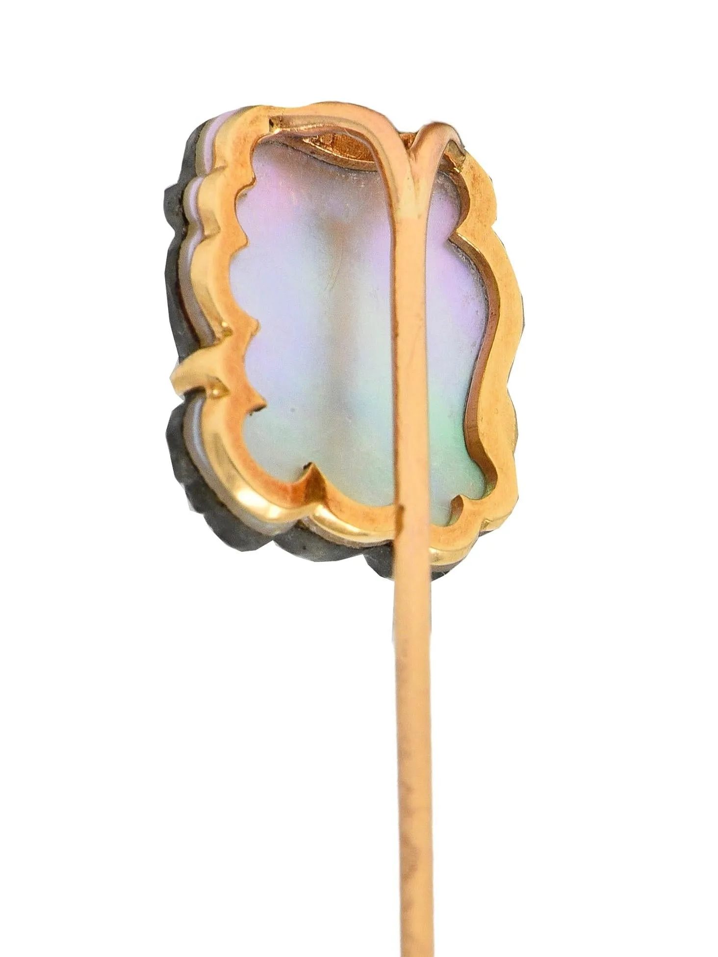 Victorian French Carved Labradorite Mother-Of-Pearl 18 Karat Yellow Gold Antique Greek God Pan Stickpin