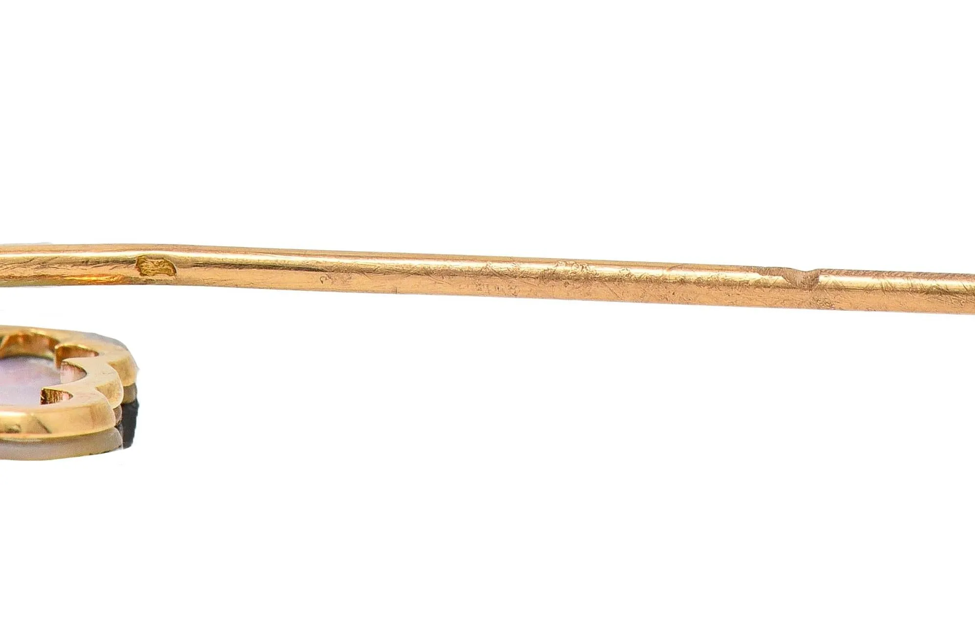 Victorian French Carved Labradorite Mother-Of-Pearl 18 Karat Yellow Gold Antique Greek God Pan Stickpin