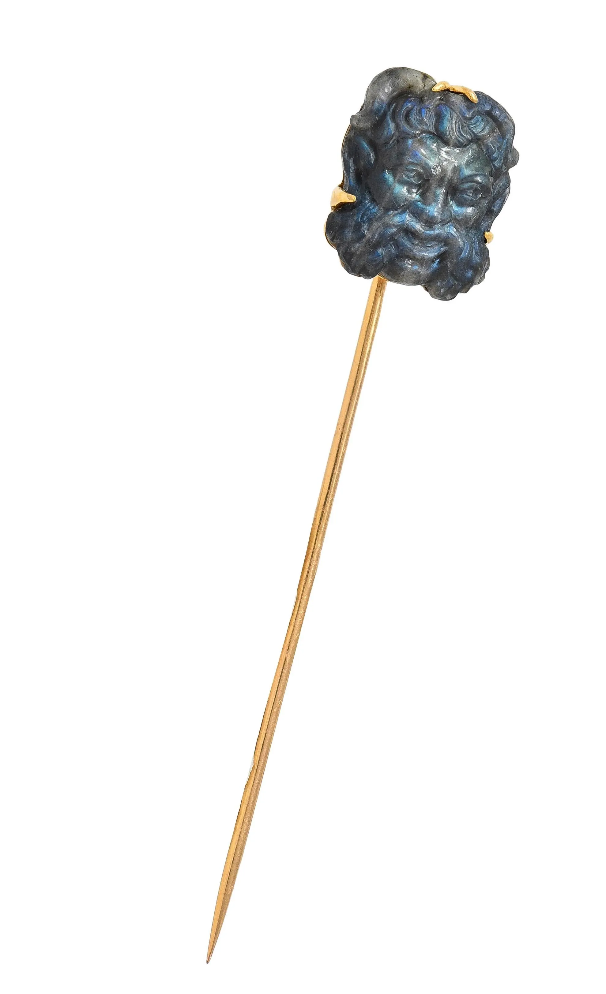 Victorian French Carved Labradorite Mother-Of-Pearl 18 Karat Yellow Gold Antique Greek God Pan Stickpin