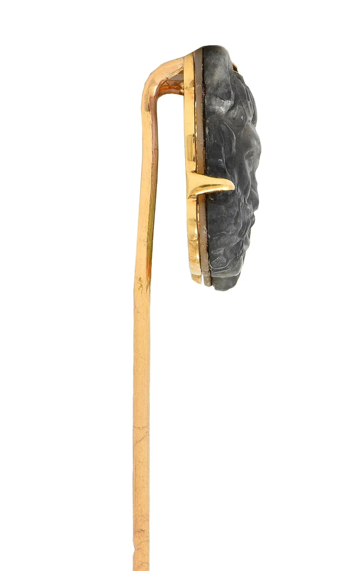 Victorian French Carved Labradorite Mother-Of-Pearl 18 Karat Yellow Gold Antique Greek God Pan Stickpin