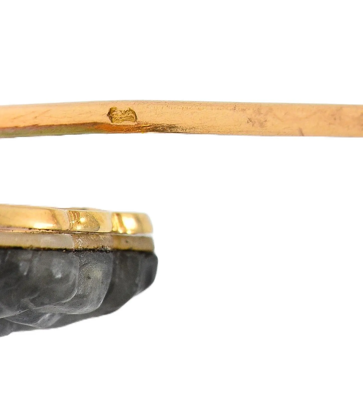 Victorian French Carved Labradorite Mother-Of-Pearl 18 Karat Yellow Gold Antique Greek God Pan Stickpin