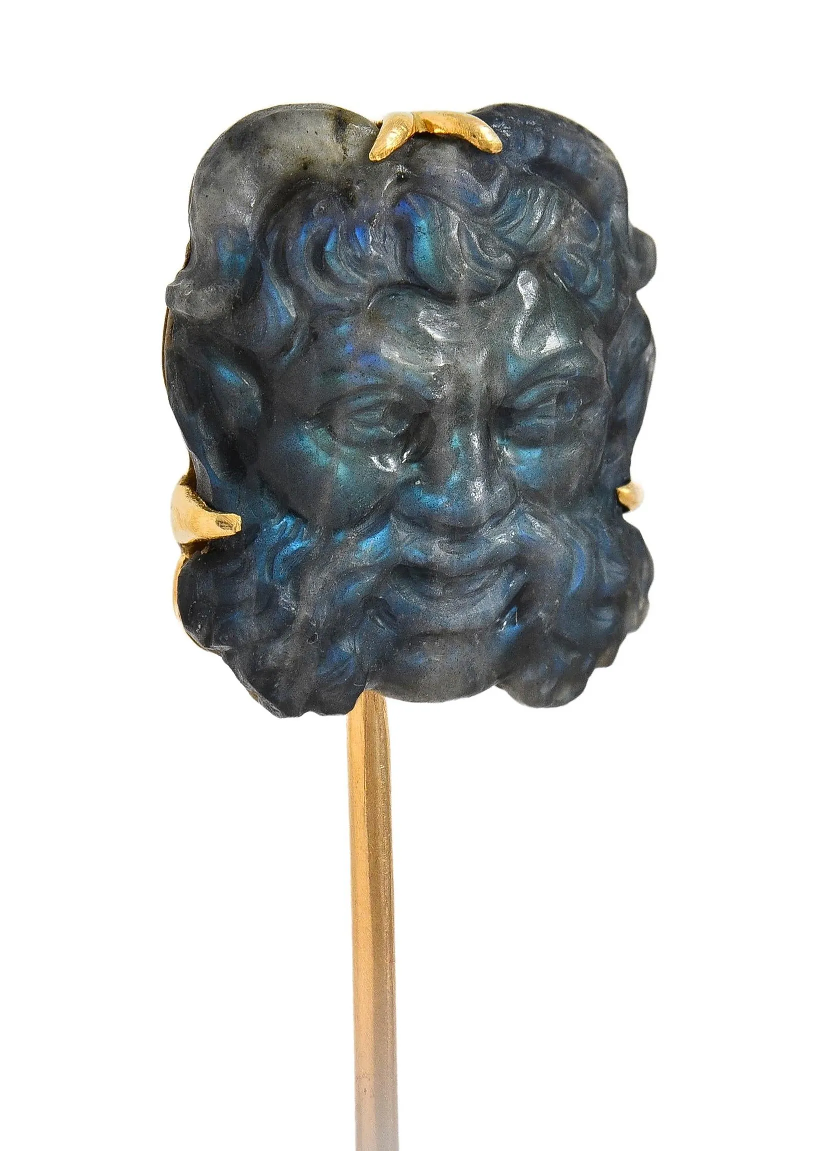 Victorian French Carved Labradorite Mother-Of-Pearl 18 Karat Yellow Gold Antique Greek God Pan Stickpin