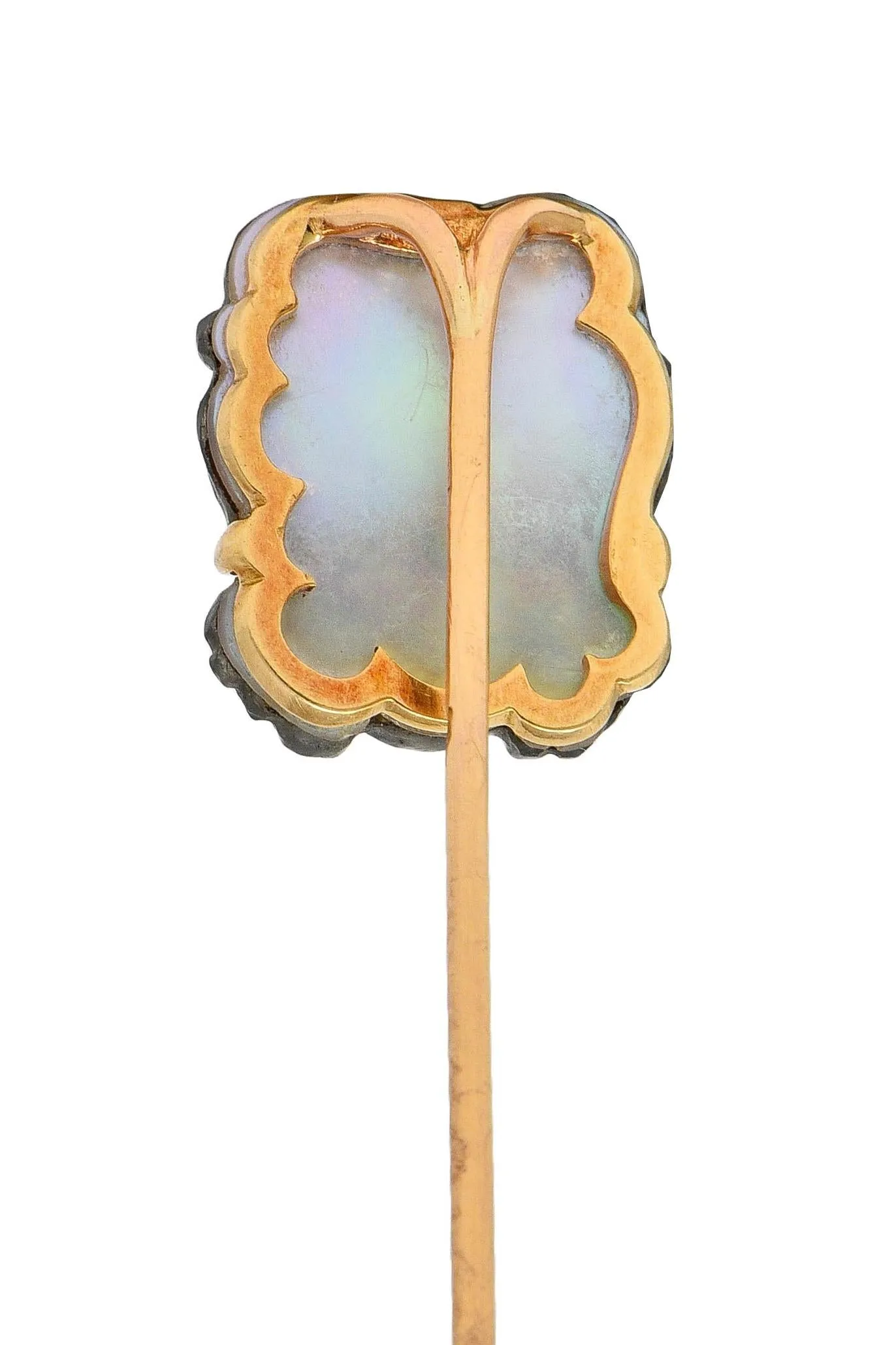Victorian French Carved Labradorite Mother-Of-Pearl 18 Karat Yellow Gold Antique Greek God Pan Stickpin
