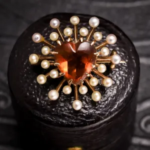 Victorian Hessonite Garnet & Pearl Heartburst Brooch