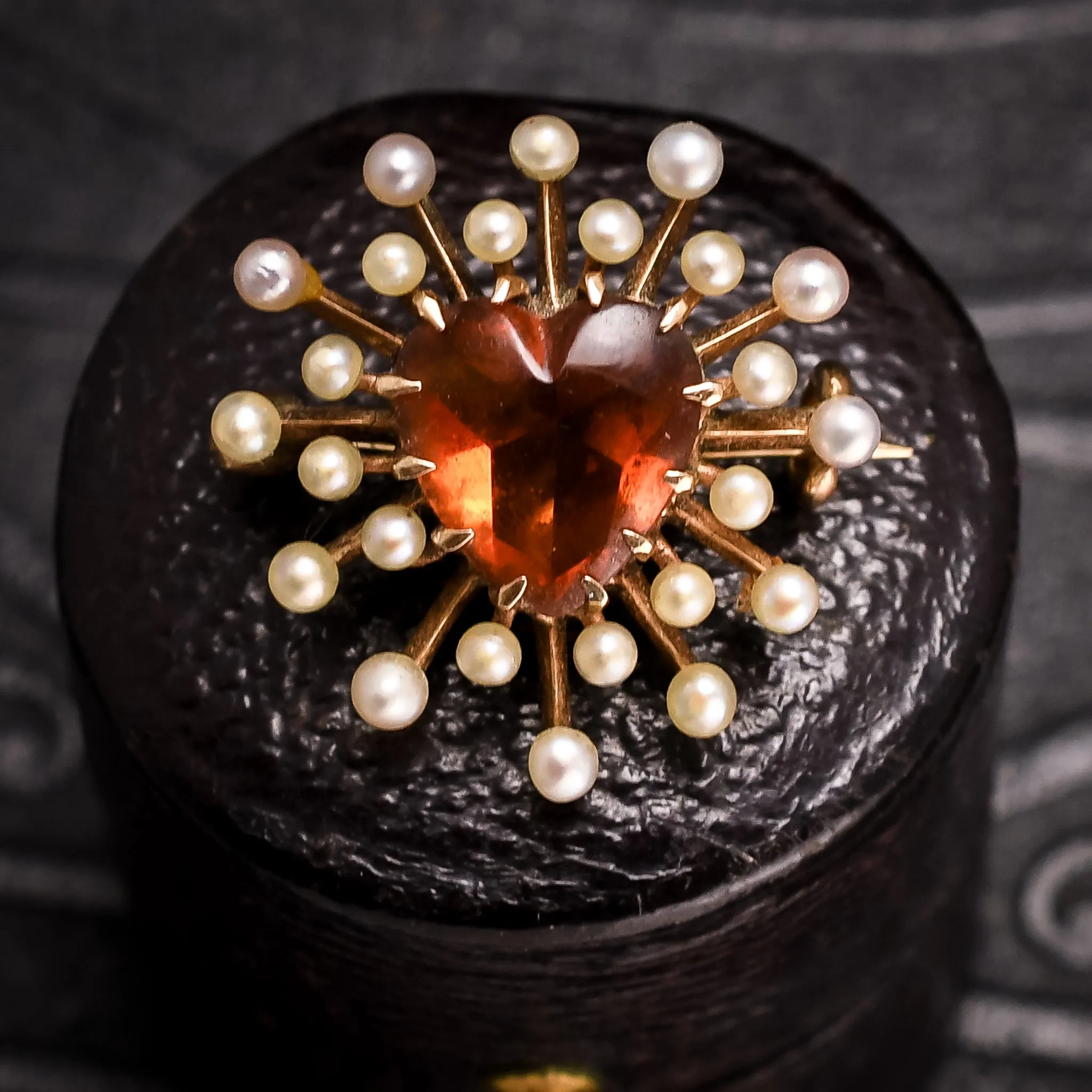 Victorian Hessonite Garnet & Pearl Heartburst Brooch