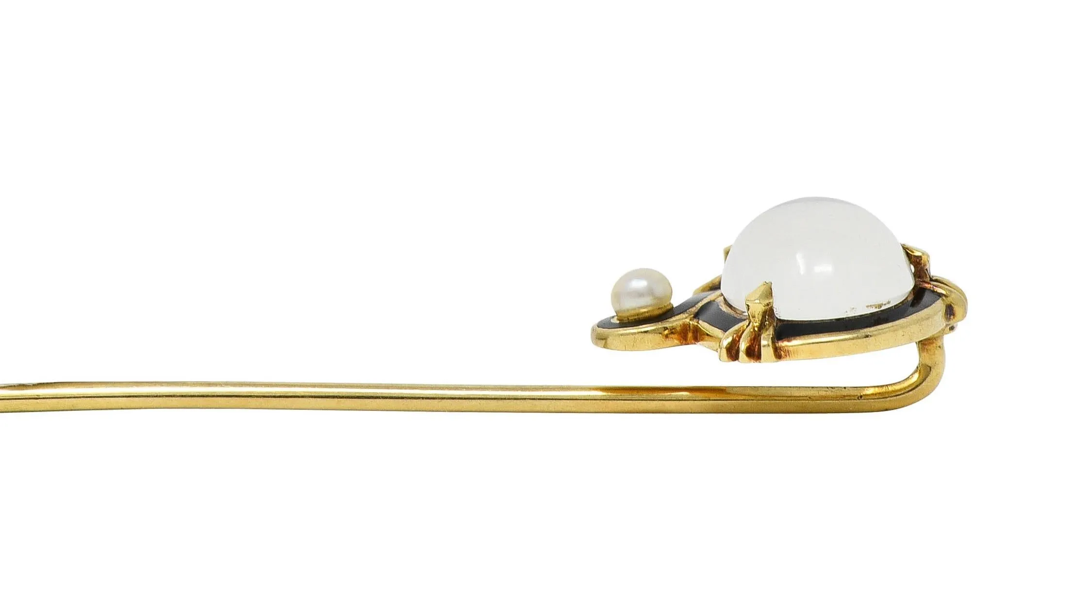 Victorian Moonstone Pearl Enamel 18 Karat Gold Antique Stickpin