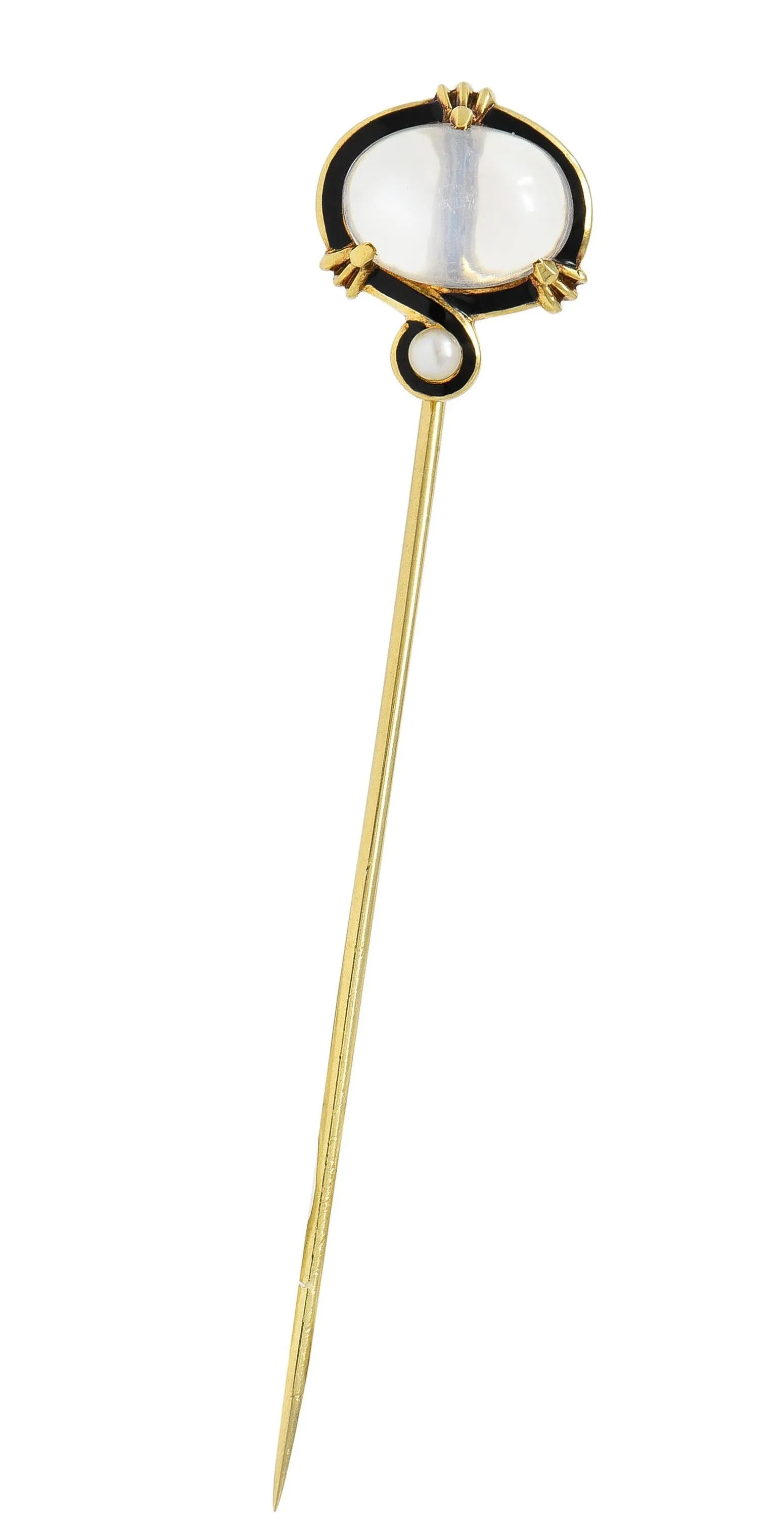Victorian Moonstone Pearl Enamel 18 Karat Gold Antique Stickpin