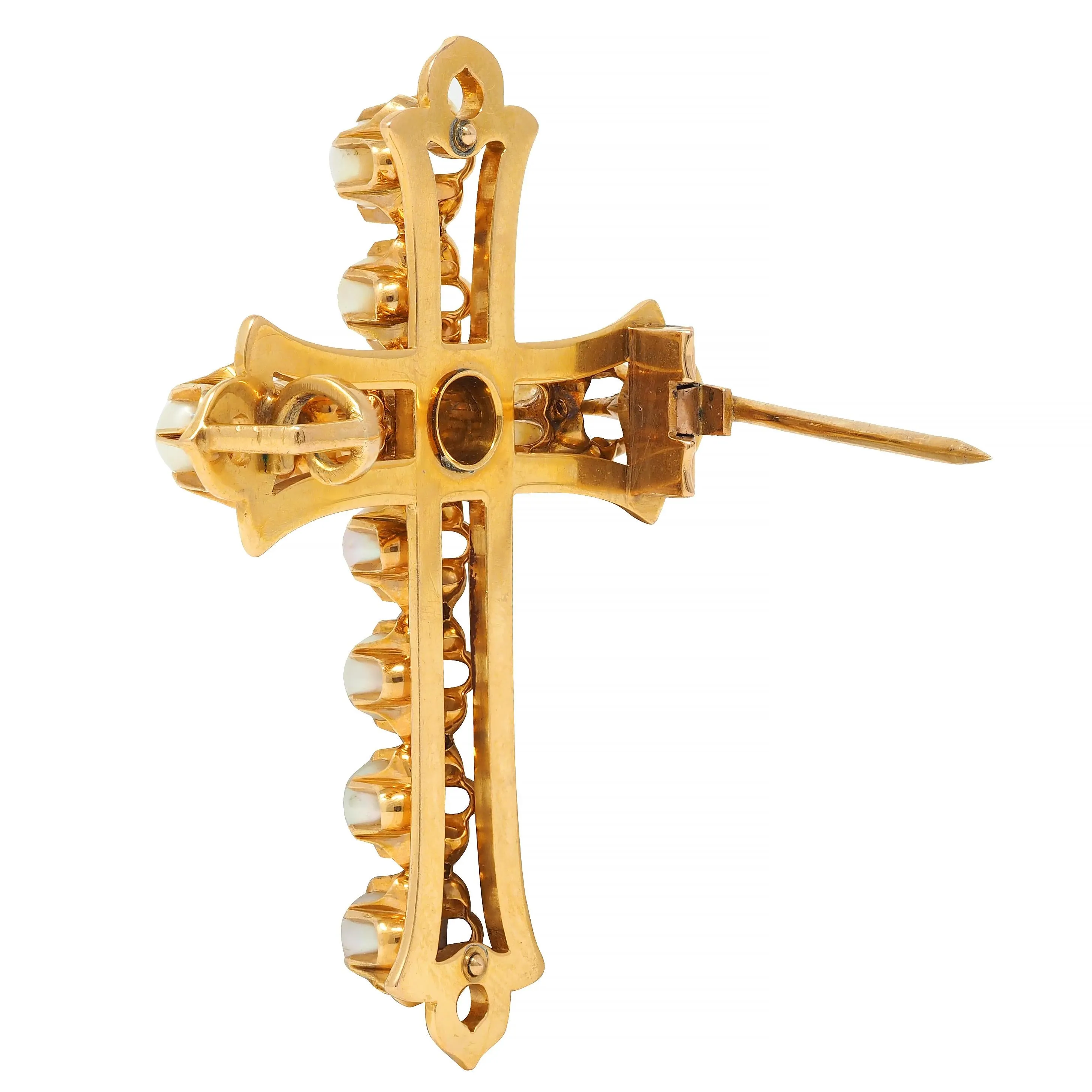 Victorian Pearl 18 Karat Yellow Gold Belcher Set Antique Cross Brooch