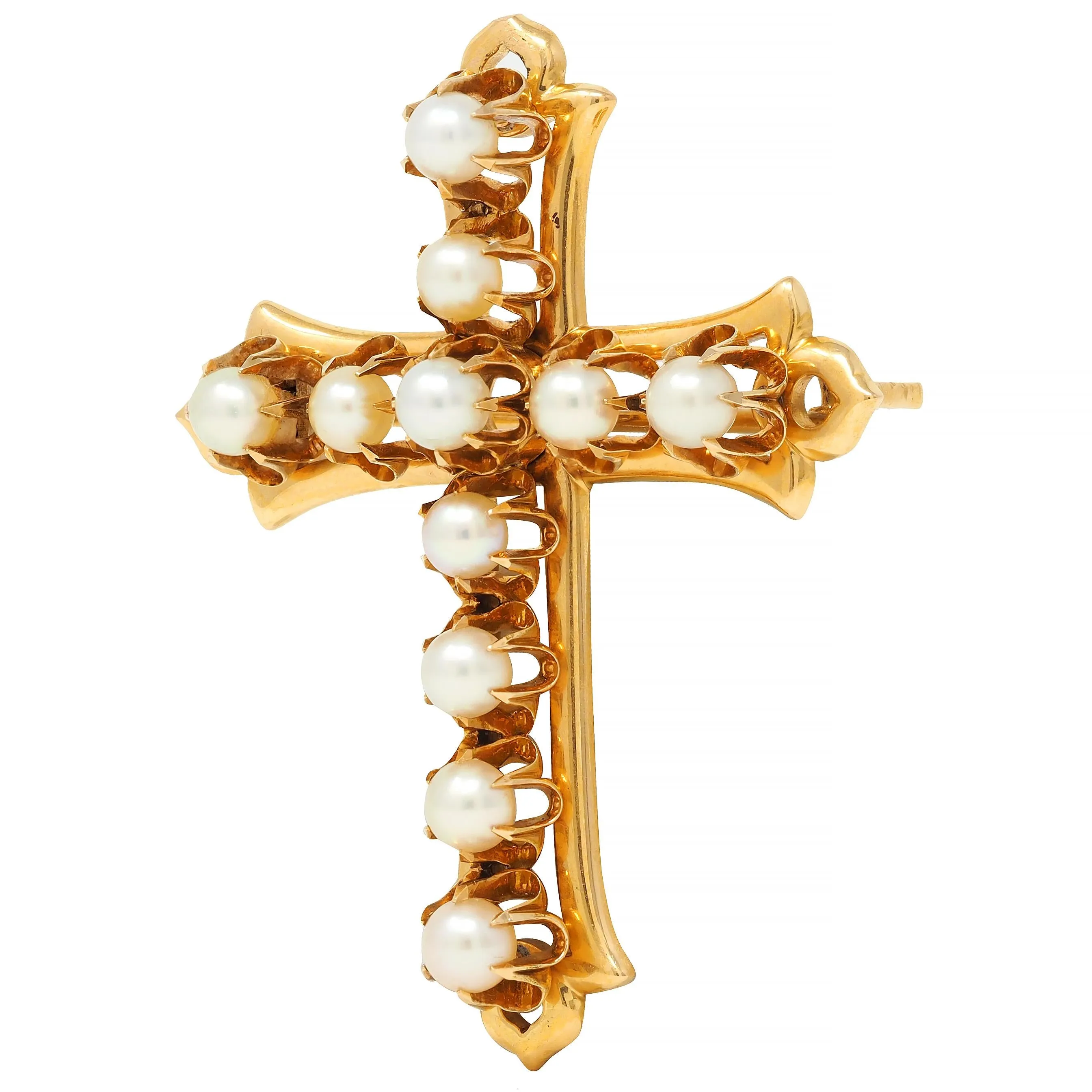 Victorian Pearl 18 Karat Yellow Gold Belcher Set Antique Cross Brooch
