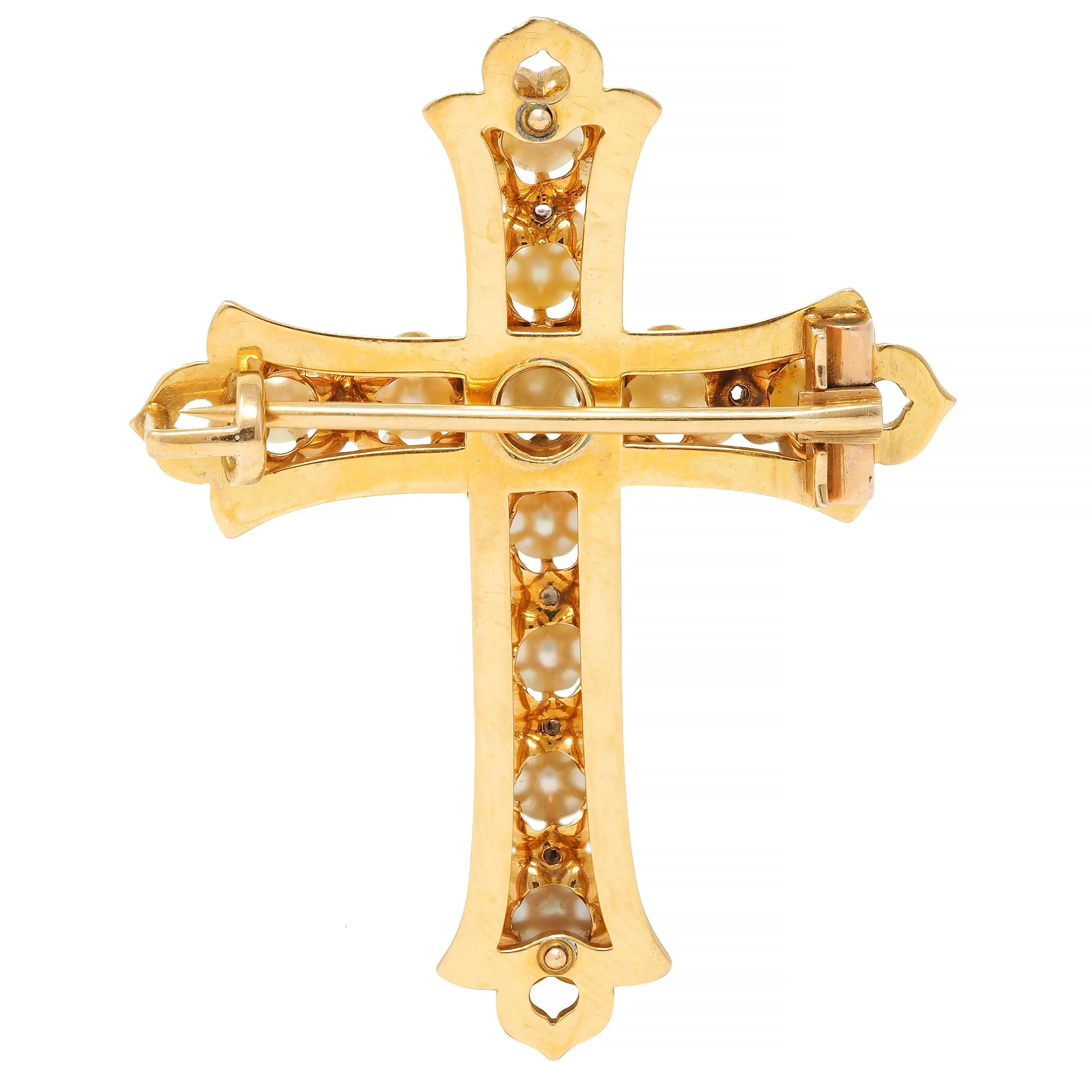 Victorian Pearl 18 Karat Yellow Gold Belcher Set Antique Cross Brooch
