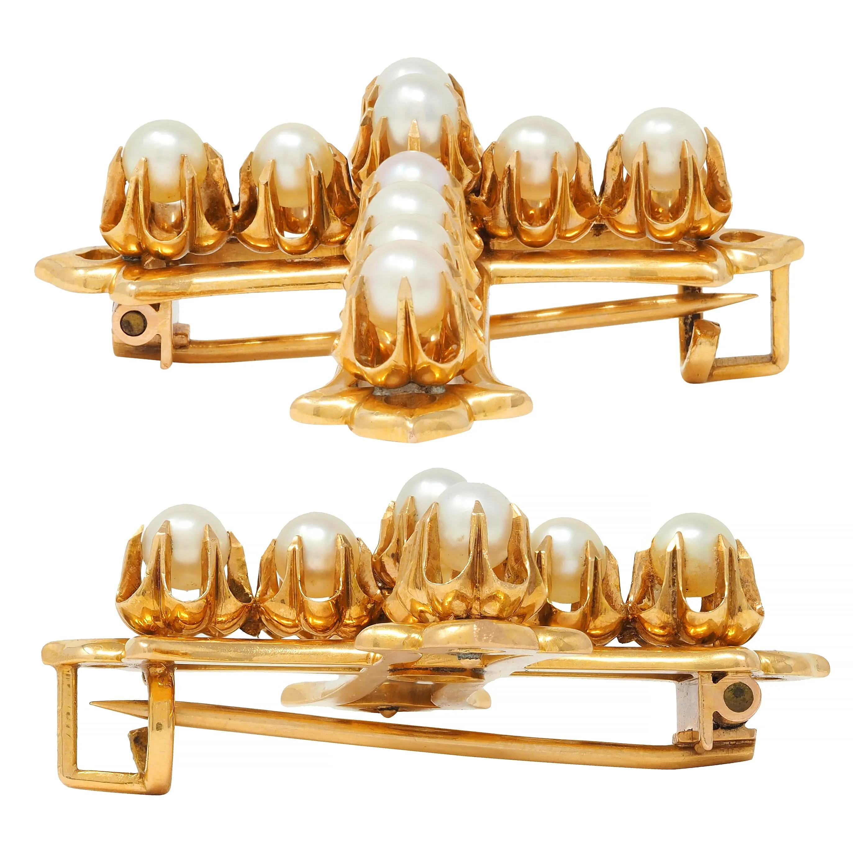 Victorian Pearl 18 Karat Yellow Gold Belcher Set Antique Cross Brooch
