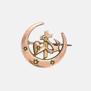 Victorian "Hope Faith & Charity" Pearl Crescent Brooch
