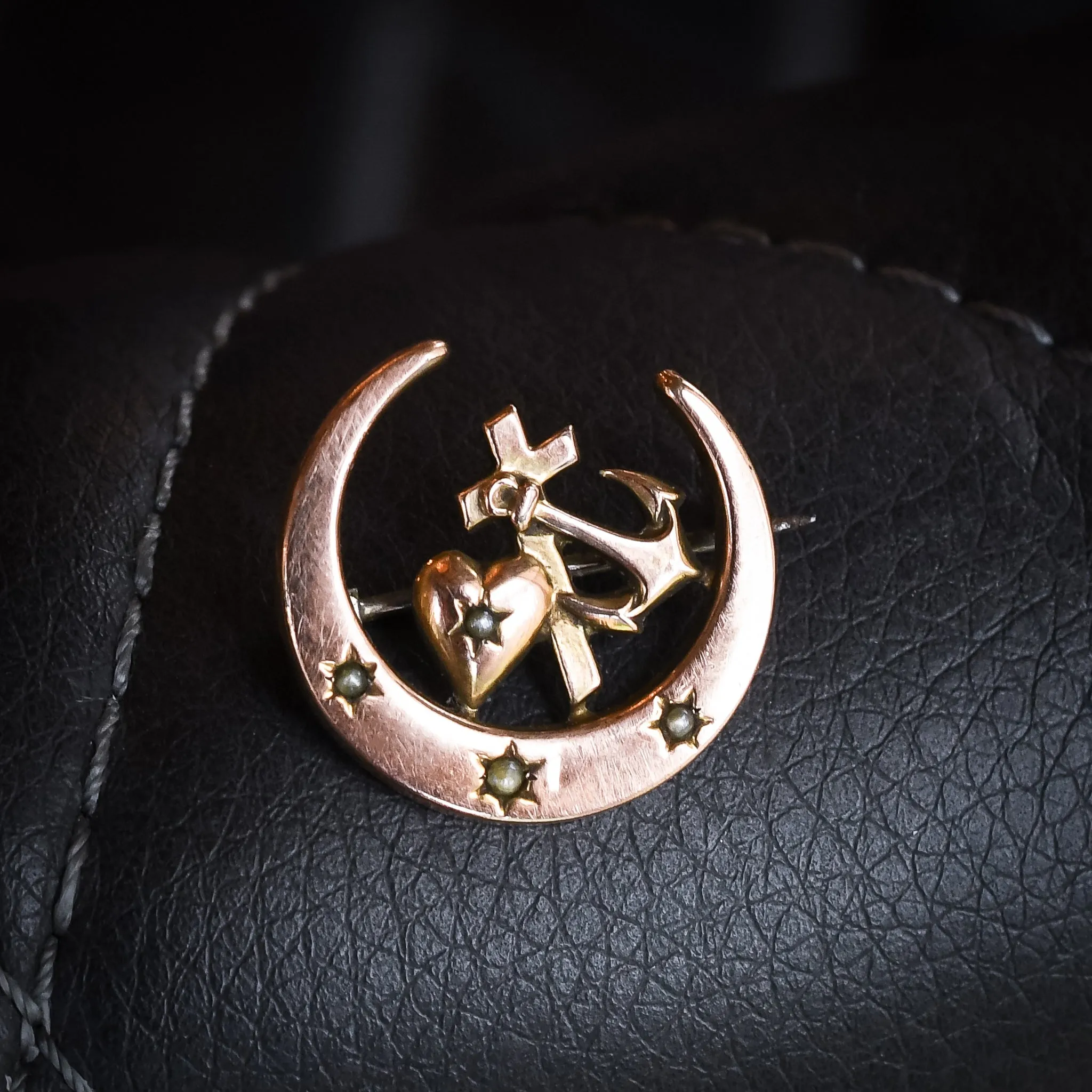 Victorian "Hope Faith & Charity" Pearl Crescent Brooch