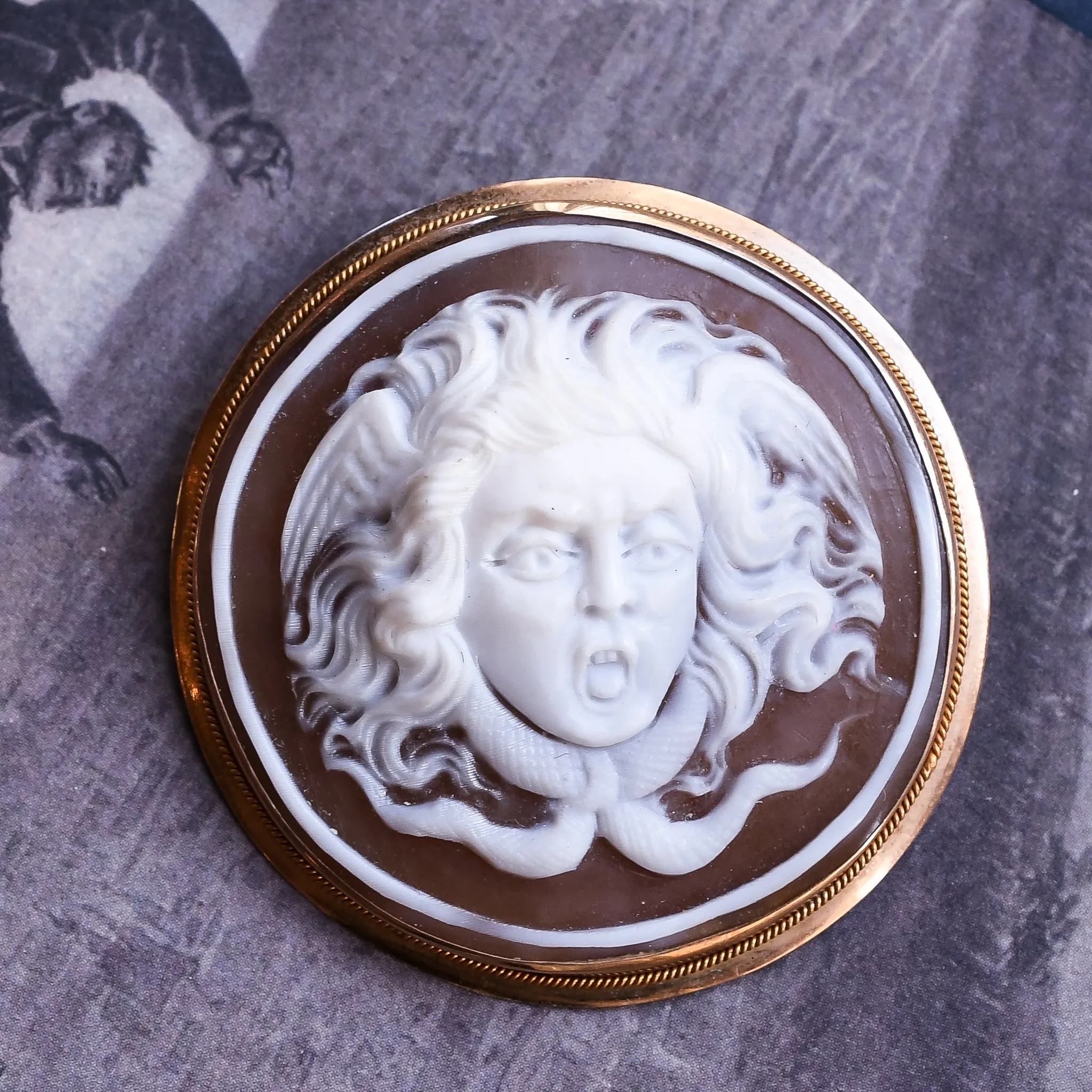 Victorian Revival "Medusa the Gorgon" Shell Cameo Brooch