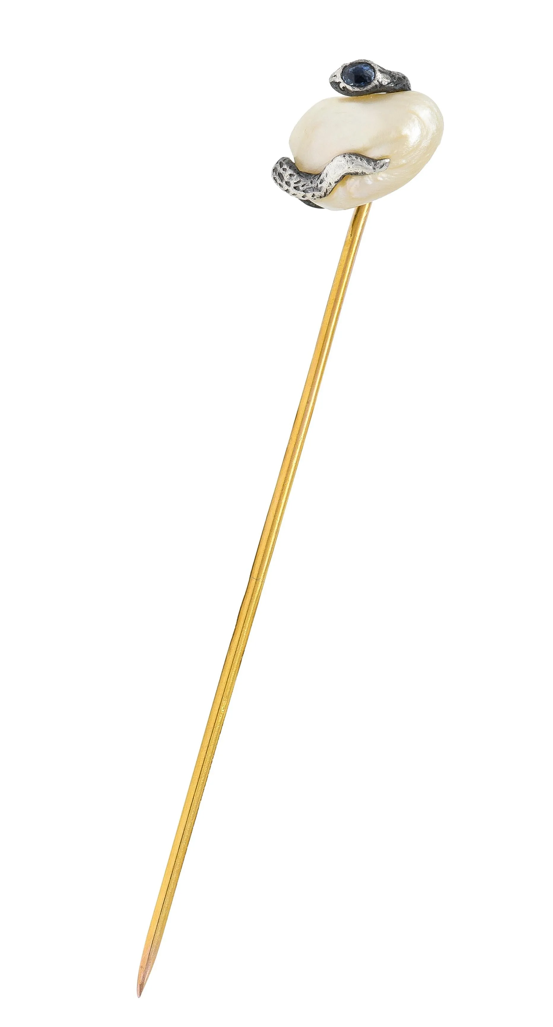 Victorian Sapphire Pearl Silver 14 Karat Yellow Gold Antique Snake Stickpin