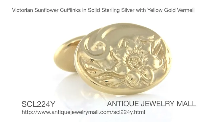Victorian Sunflower Cufflinks in Solid Sterling Silver with Yellow Gold Vermeil