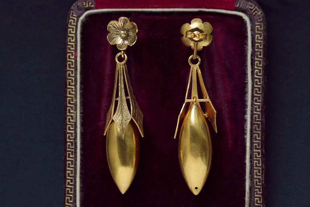 Victorian Torpedo Drop Earrings with Flower Top