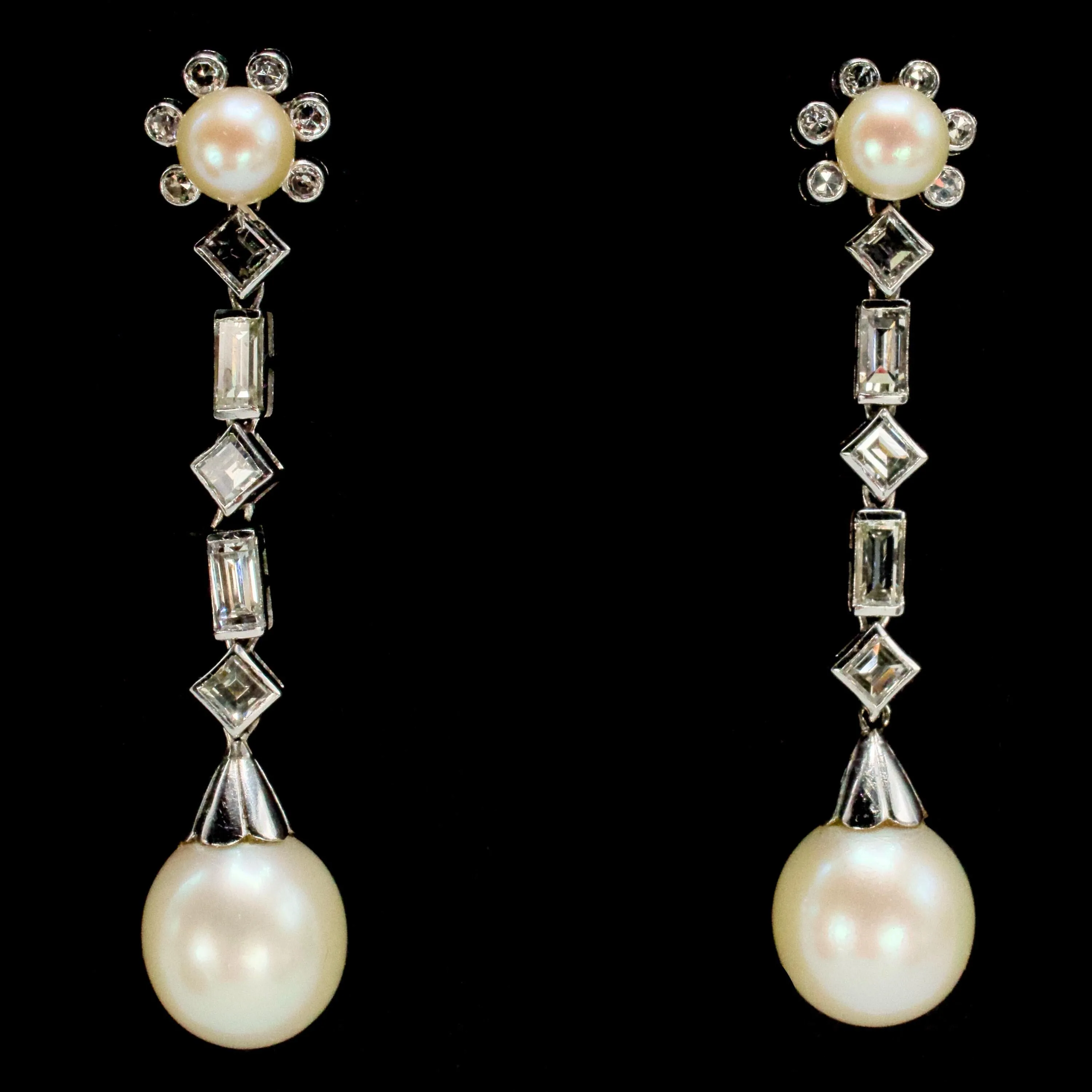 Vintage 18K White Gold Staggered Diamond and Pearl Drop Earrings