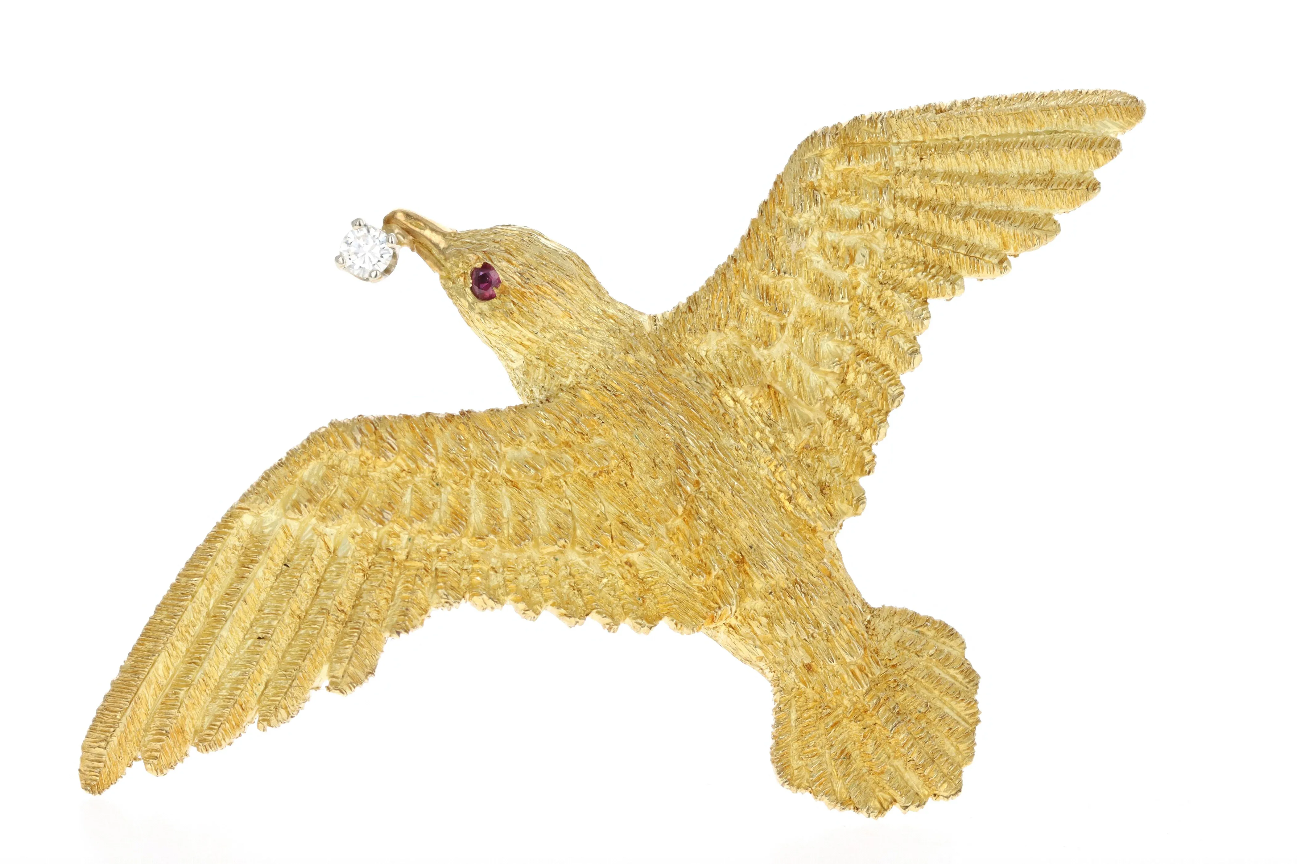 Vintage 18K Yellow Gold Diamond Dove Brooch