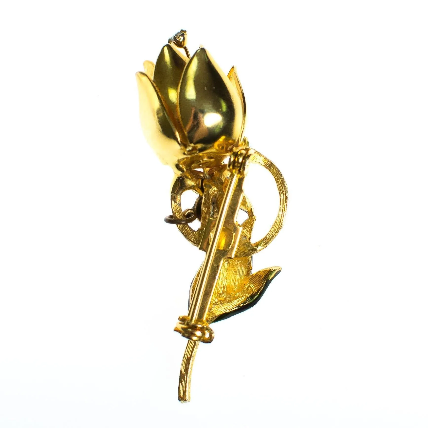 Vintage 1940s Gilt Flower Brooch with Trembler Rhinestone Center