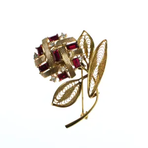 Vintage 1940s Red Rhinestone Flower Brooch, Pin, Clear Rhinestones, Gold Tone Setting, Brooches and Pins