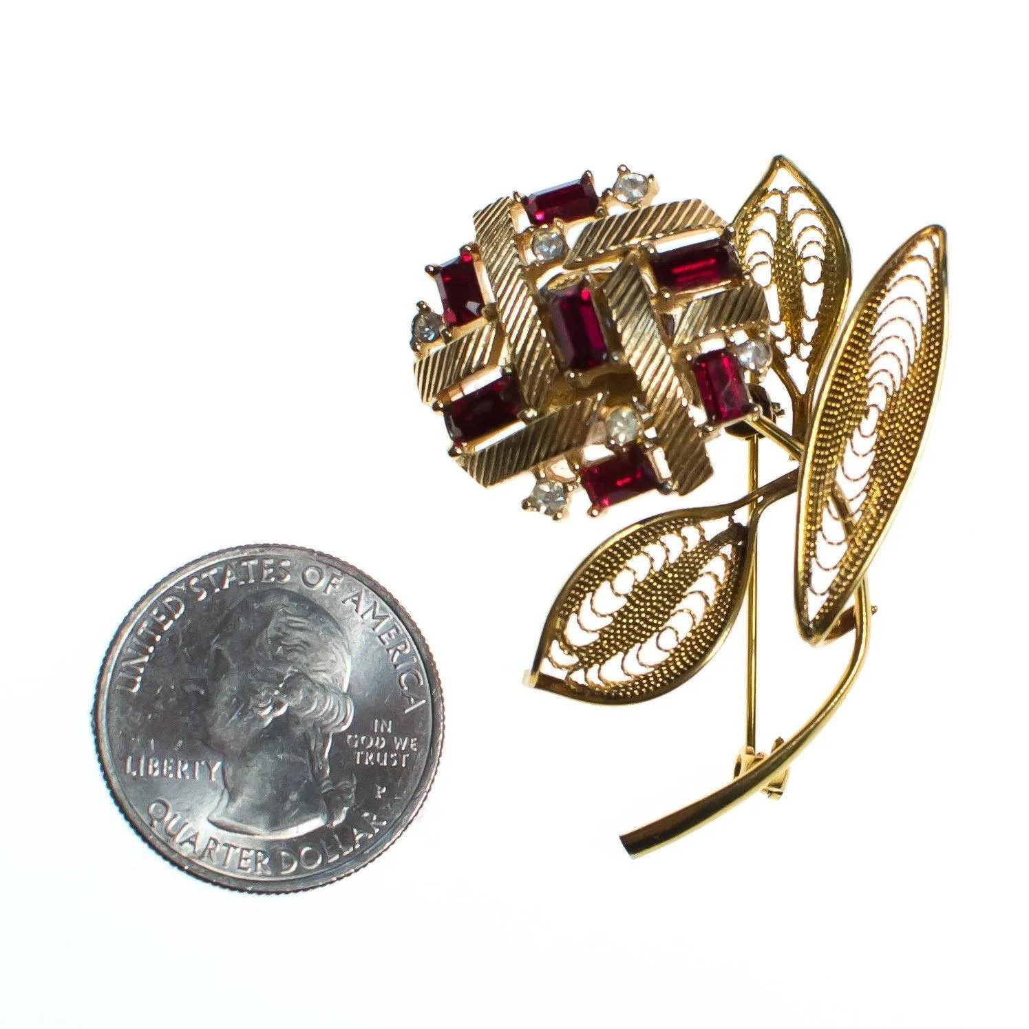 Vintage 1940s Red Rhinestone Flower Brooch, Pin, Clear Rhinestones, Gold Tone Setting, Brooches and Pins