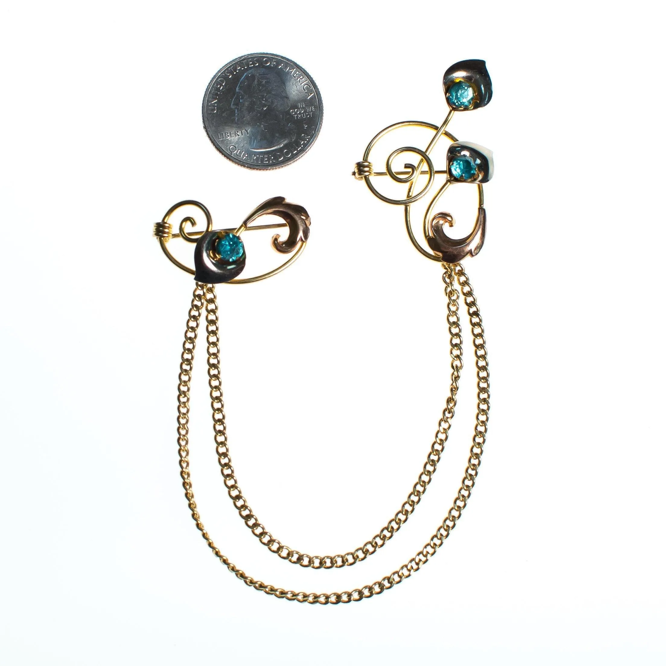 Vintage 1940s Van Dell Chatelaine Brooch, Blue Rhinestones, Gold Tone Setting, Brooches and Pins