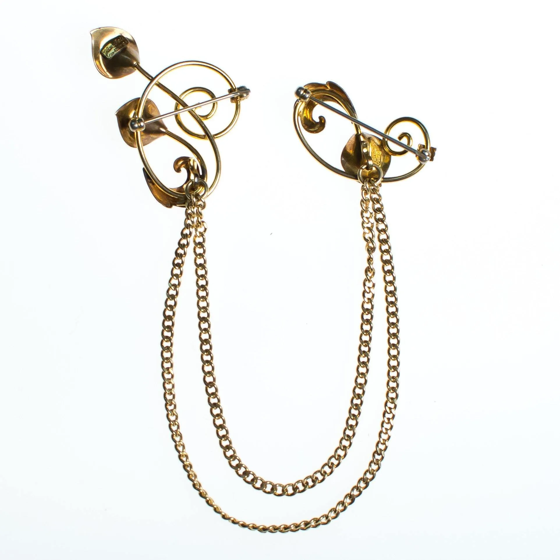 Vintage 1940s Van Dell Chatelaine Brooch, Blue Rhinestones, Gold Tone Setting, Brooches and Pins